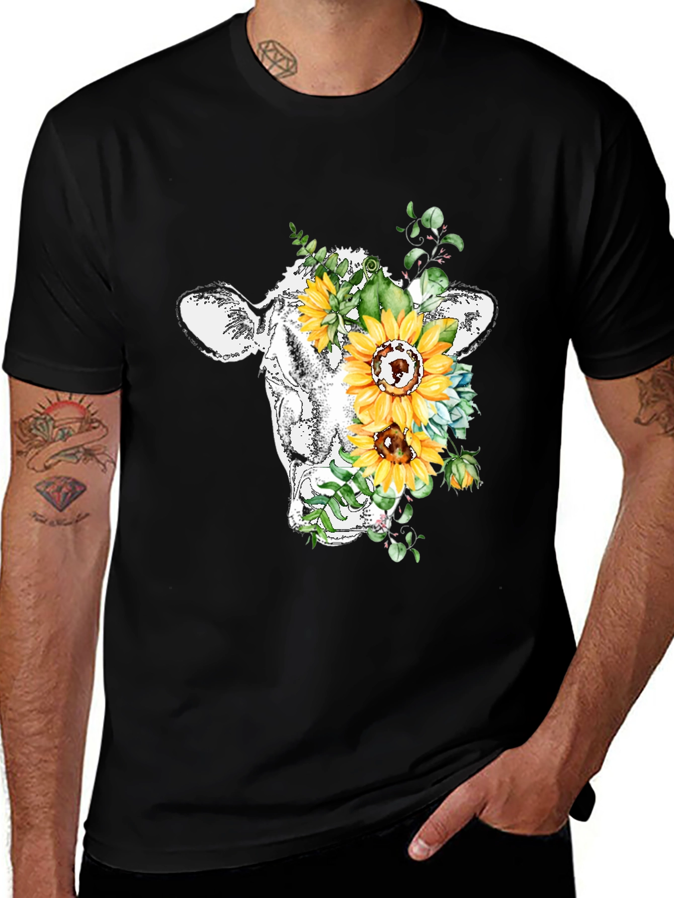 Floral Cow Graphic Tee - Black Casual T-Shirt