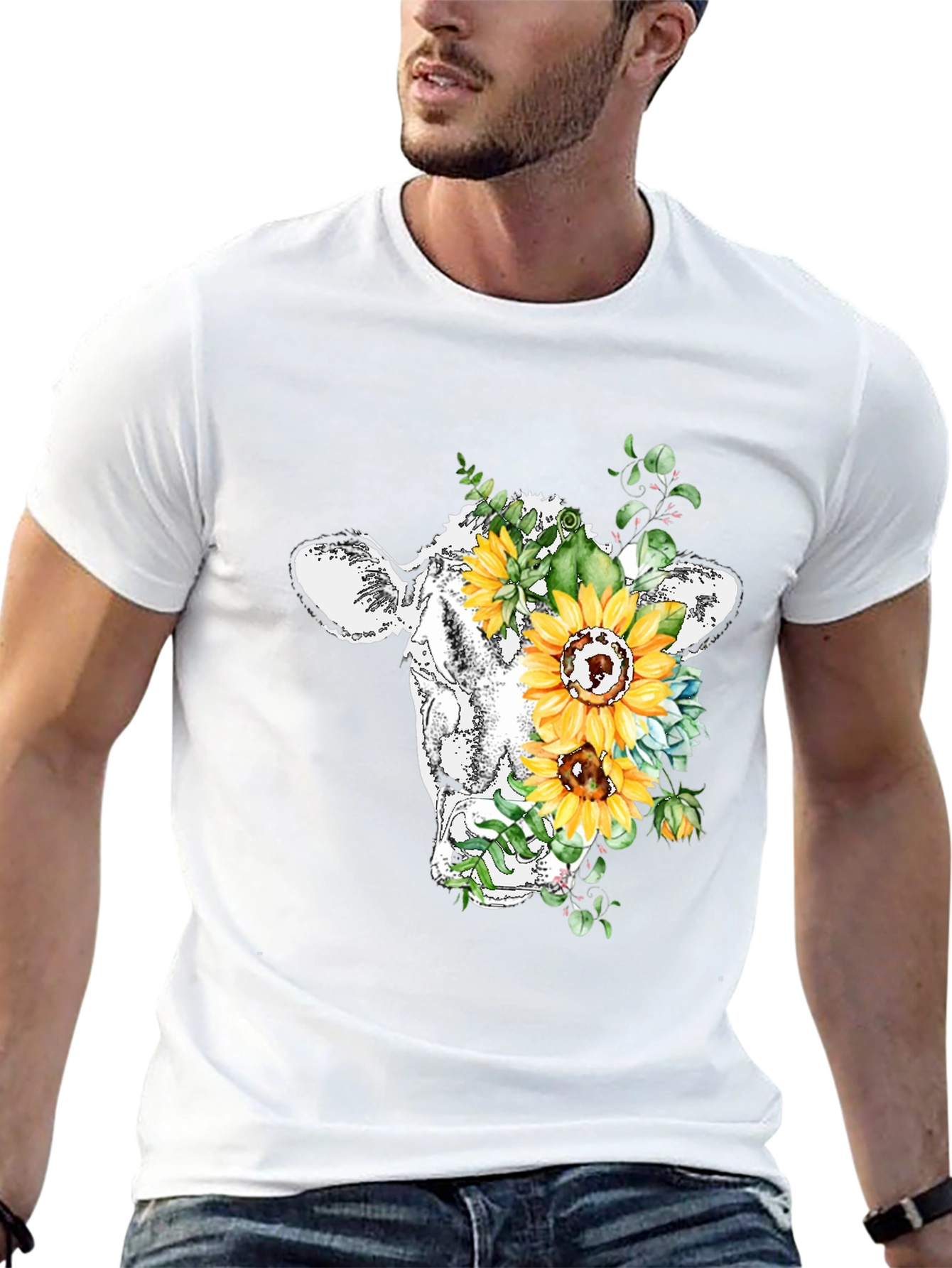 Floral Cow Graphic Tee - Black Casual T-Shirt