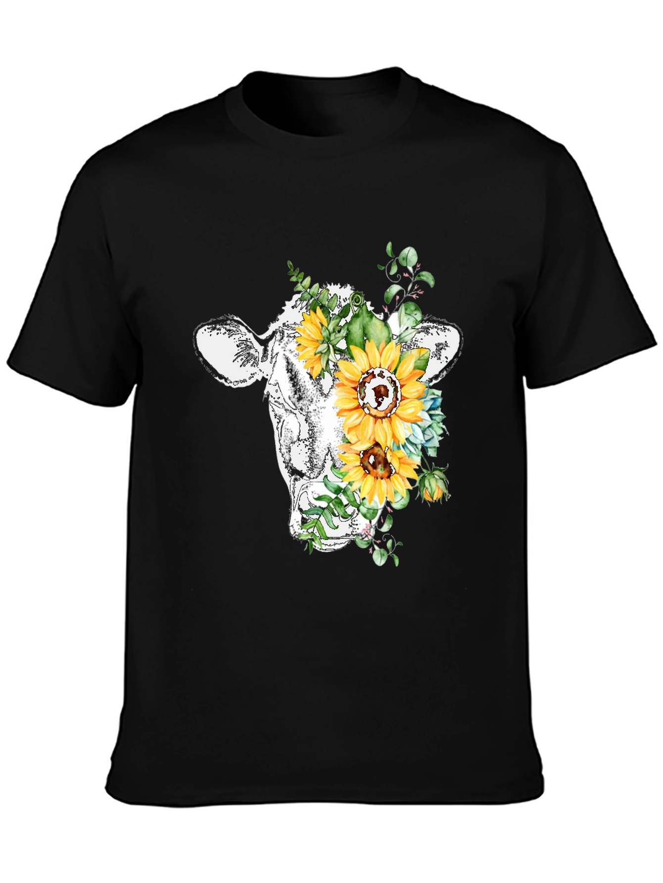 Floral Cow Graphic Tee - Black Casual T-Shirt