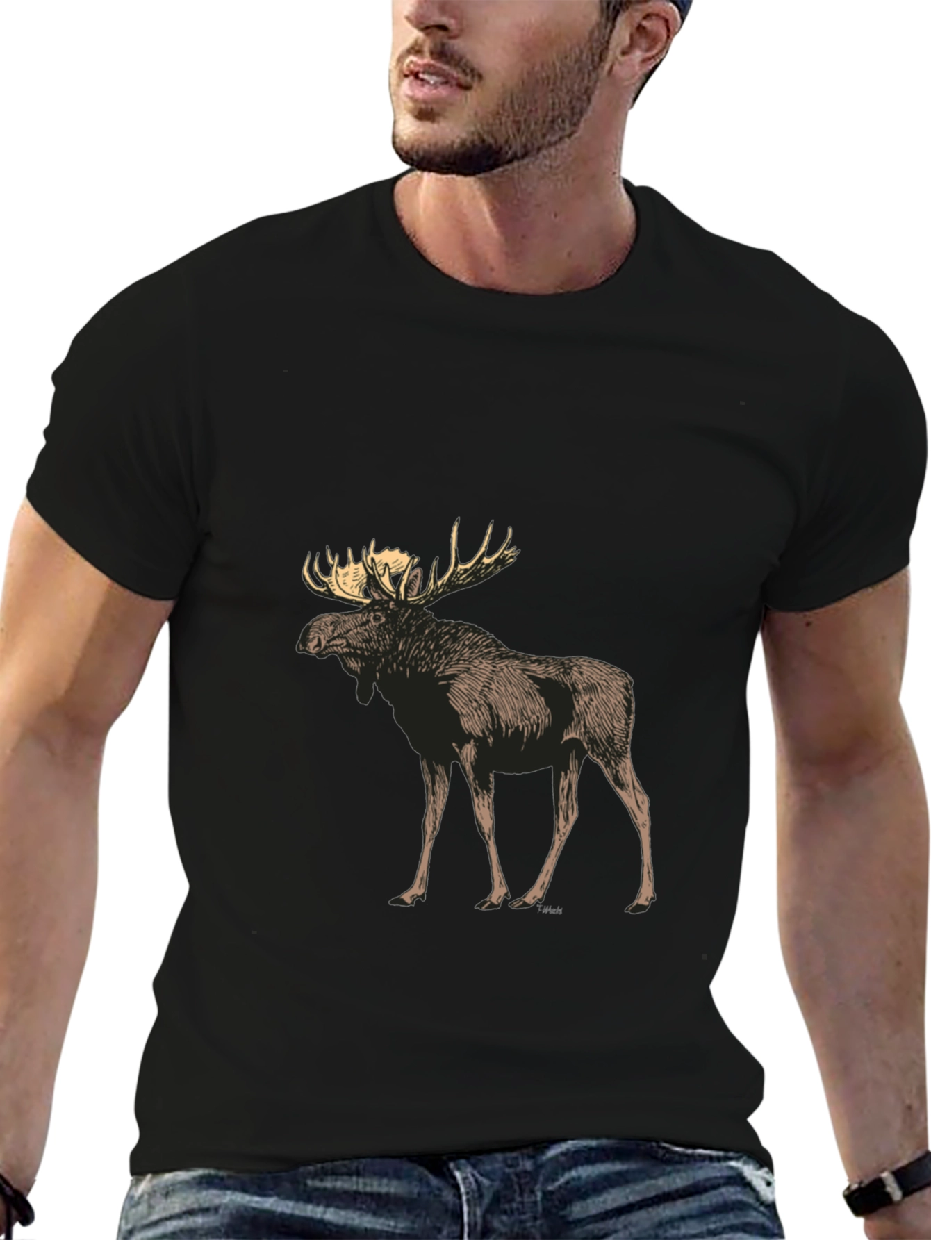 Moose Graphic Tee - Black Crew Neck Casual T-Shirt
