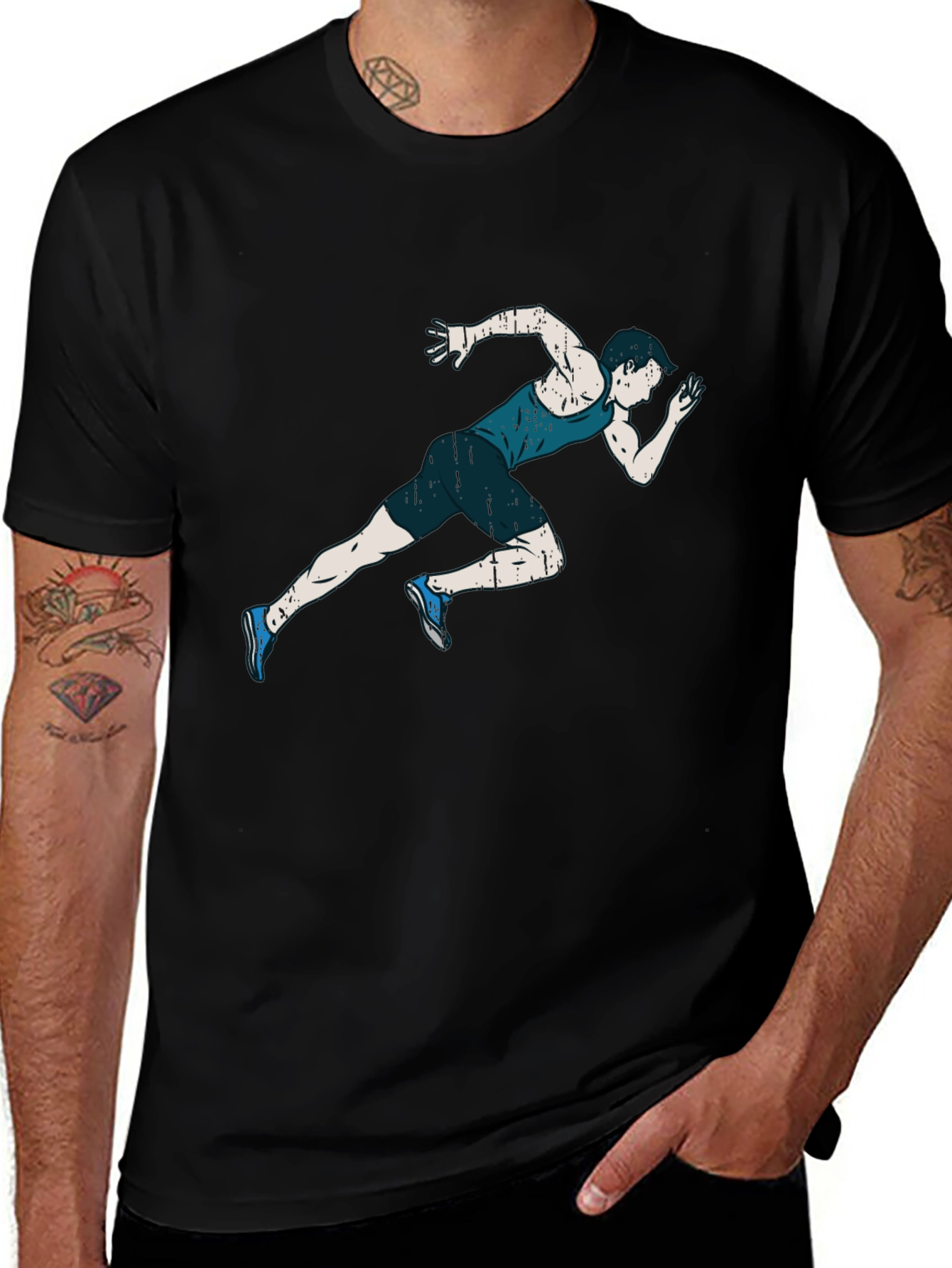 Mens Black T-shirt with Runner Graphic