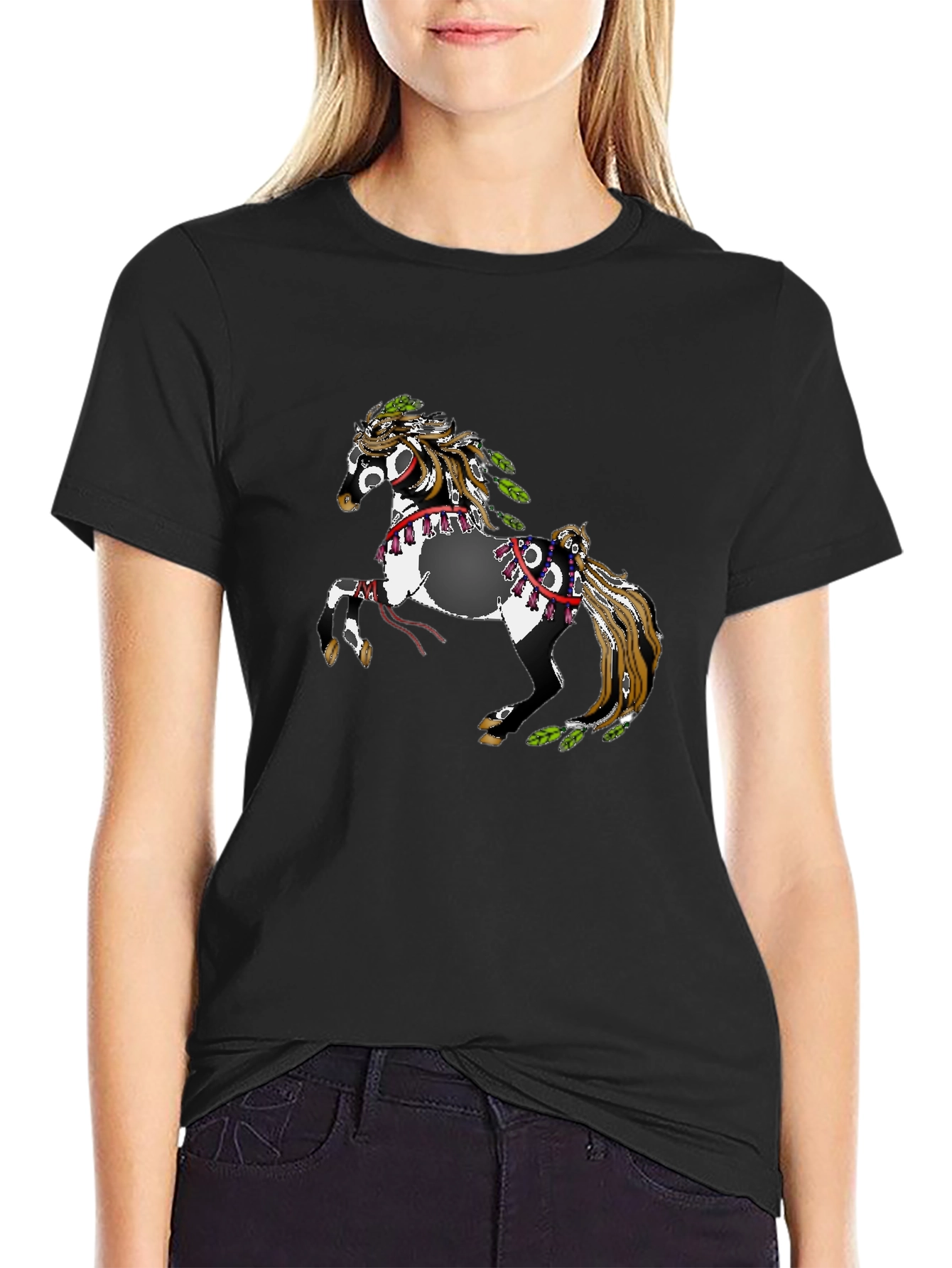 Black T-Shirt with Horse Motif
