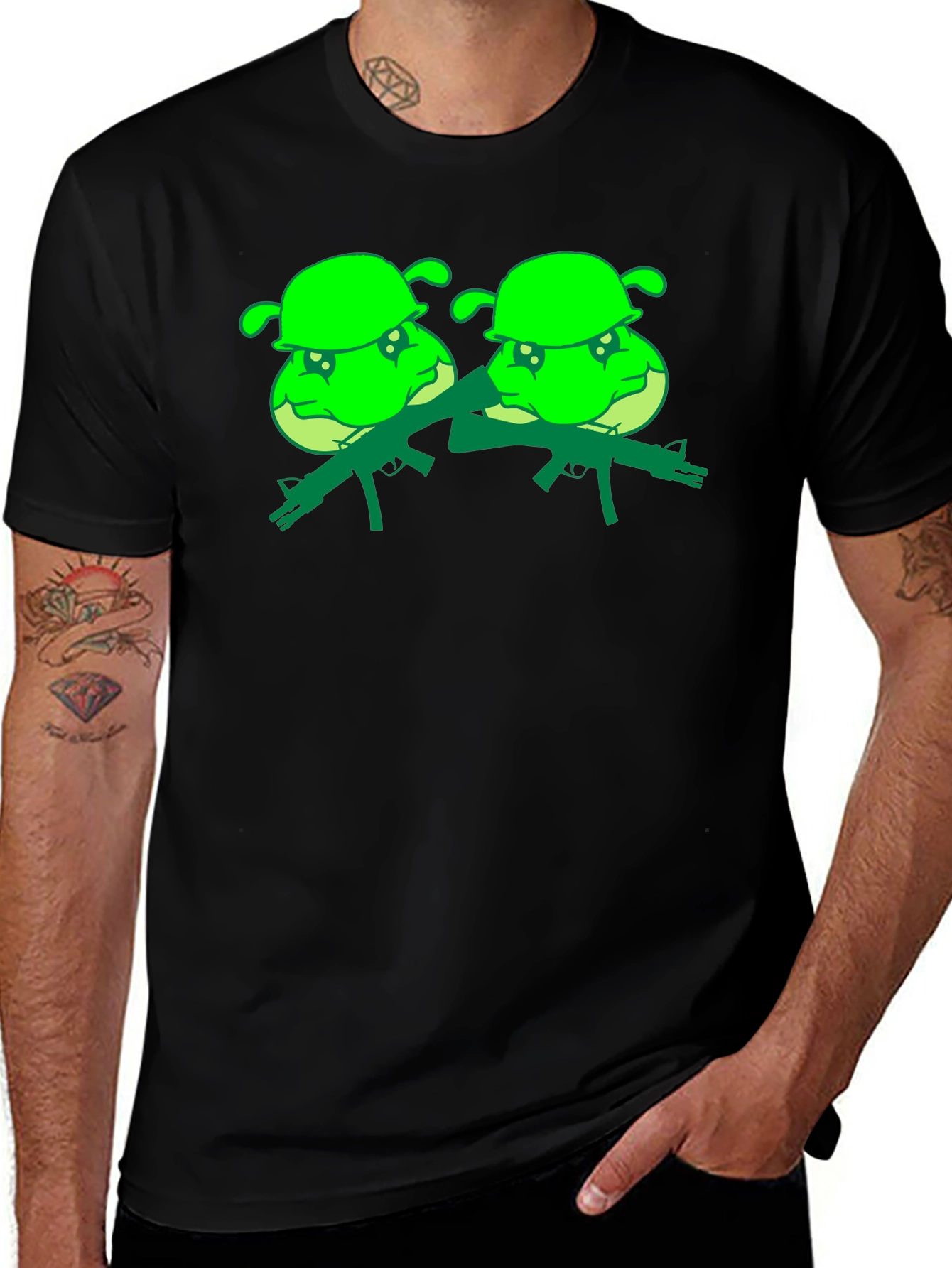 Black T-Shirt with Cartoon Shrek Army Design