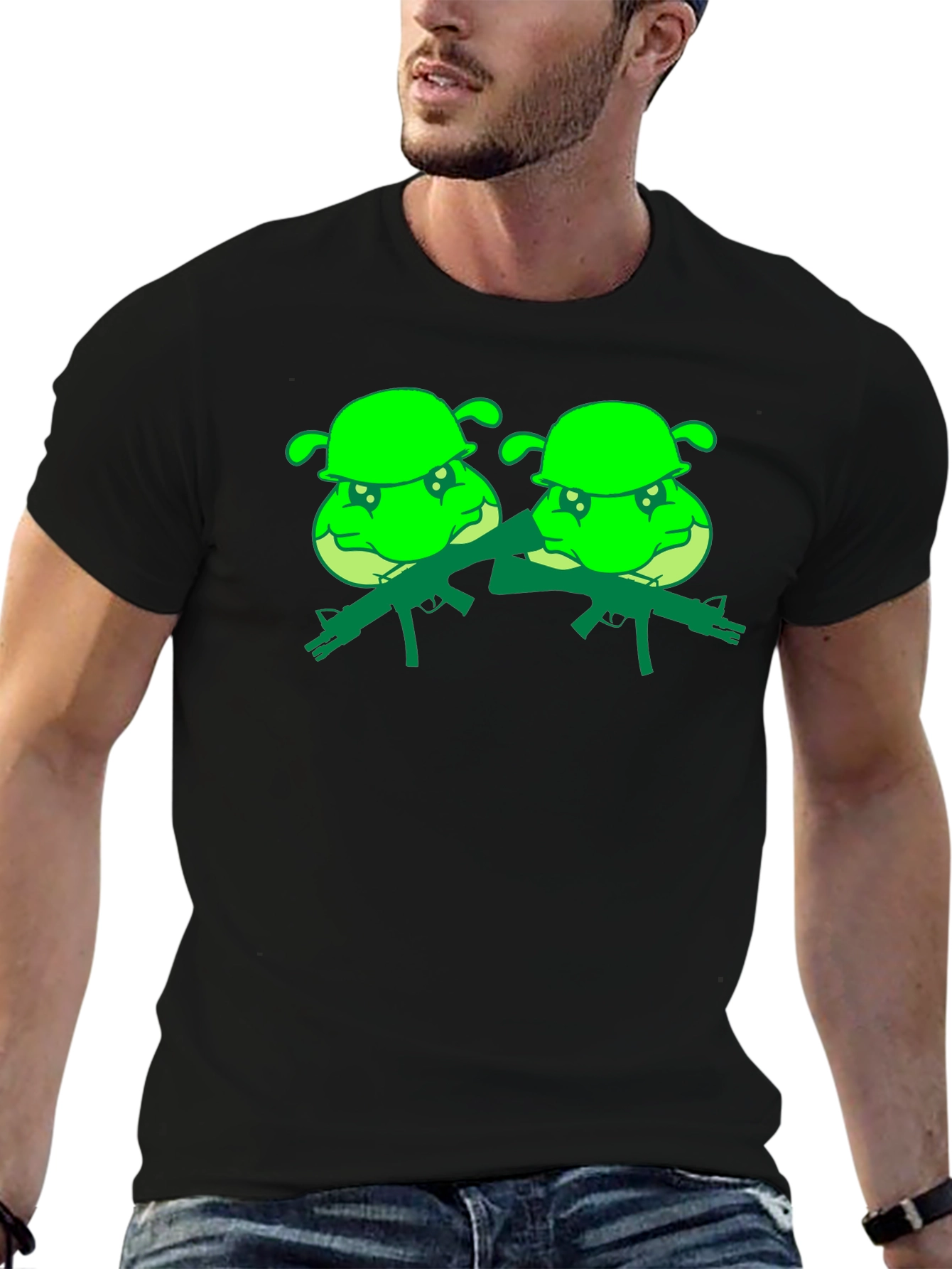 Black T-Shirt with Cartoon Shrek Army Design