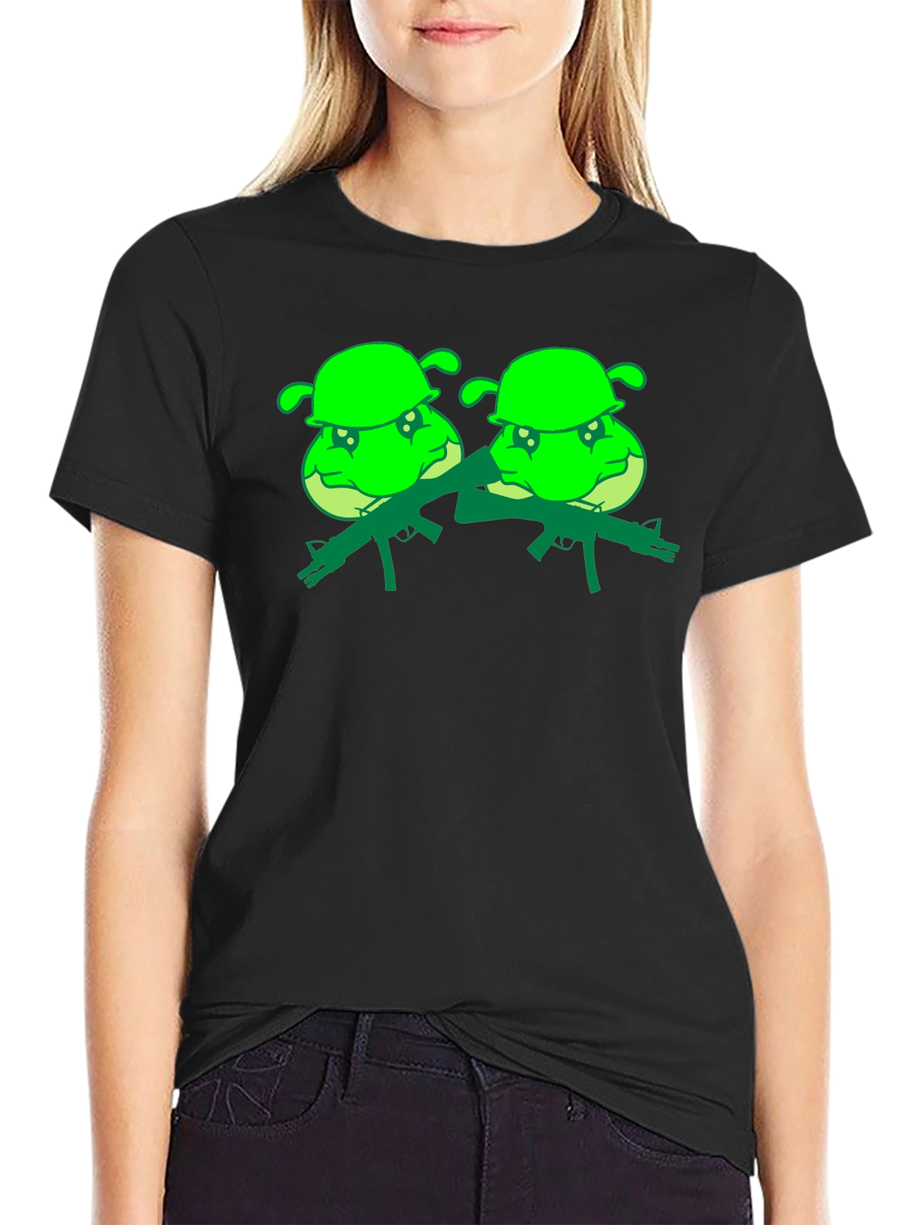 Black T-Shirt with Cartoon Shrek Army Design