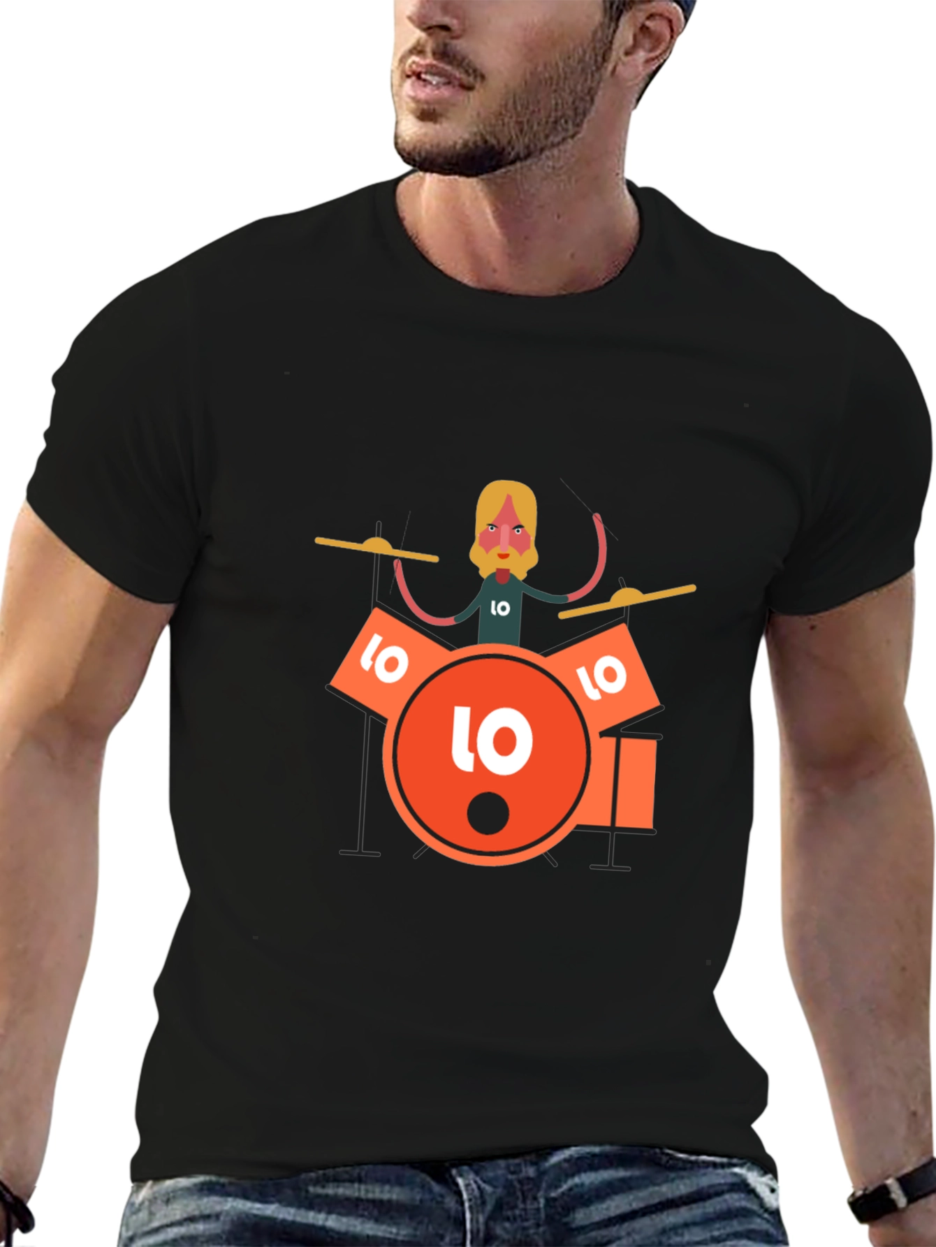 Drummer Graphic Tee - Black Crew Neck T-Shirt