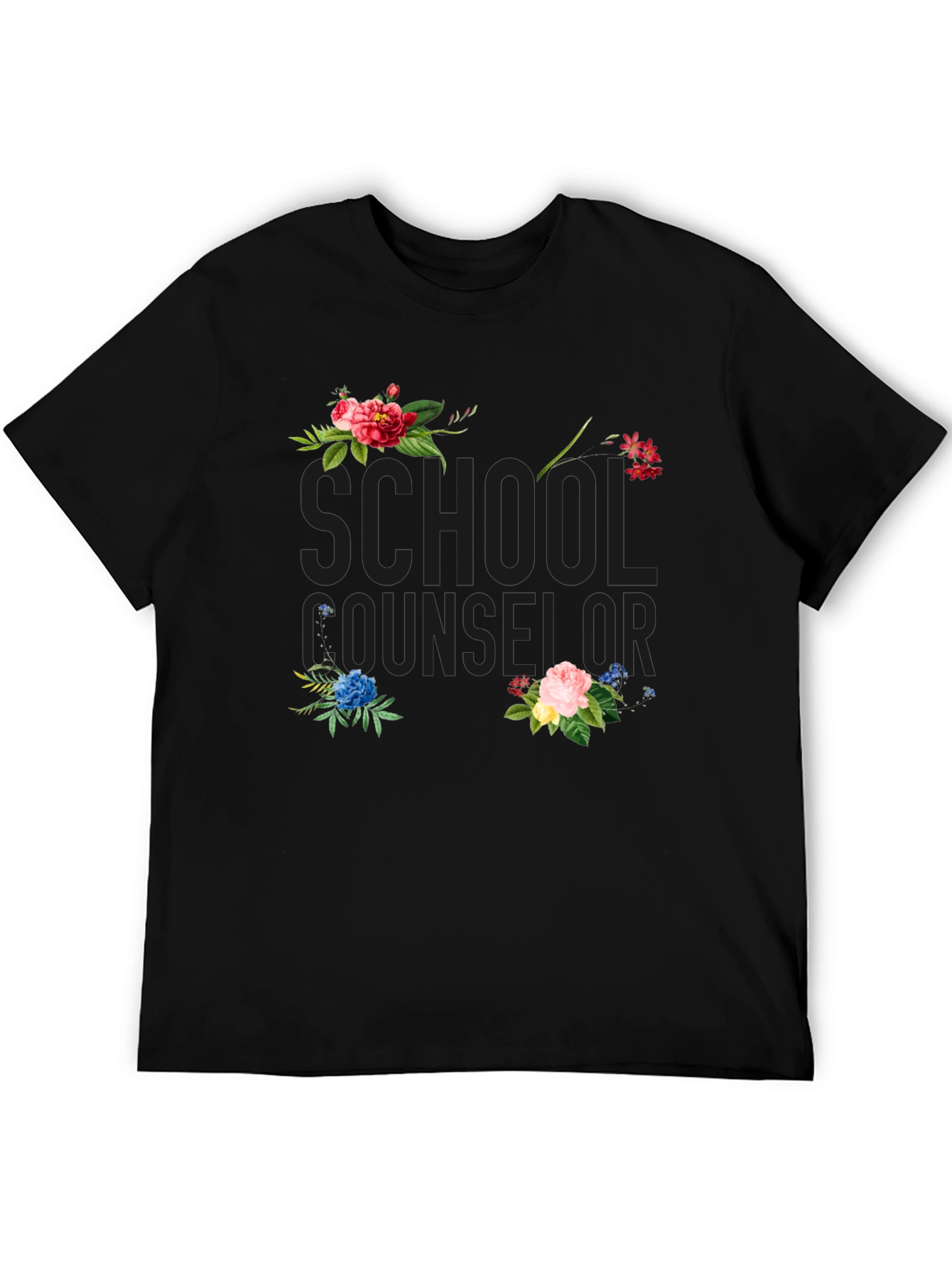 Floral School Counselor Black T-Shirt