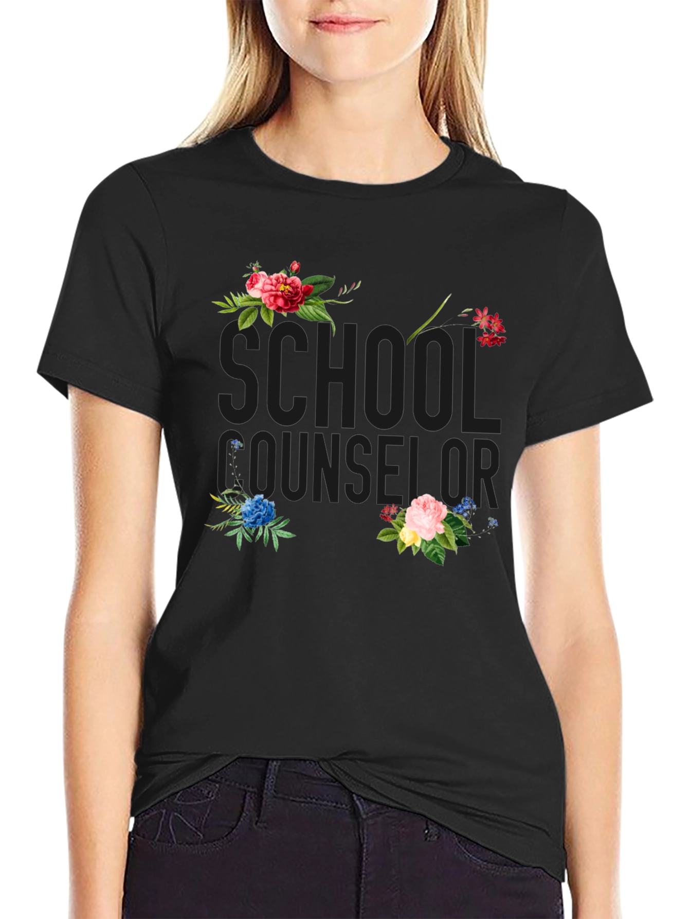 Floral School Counselor Black T-Shirt