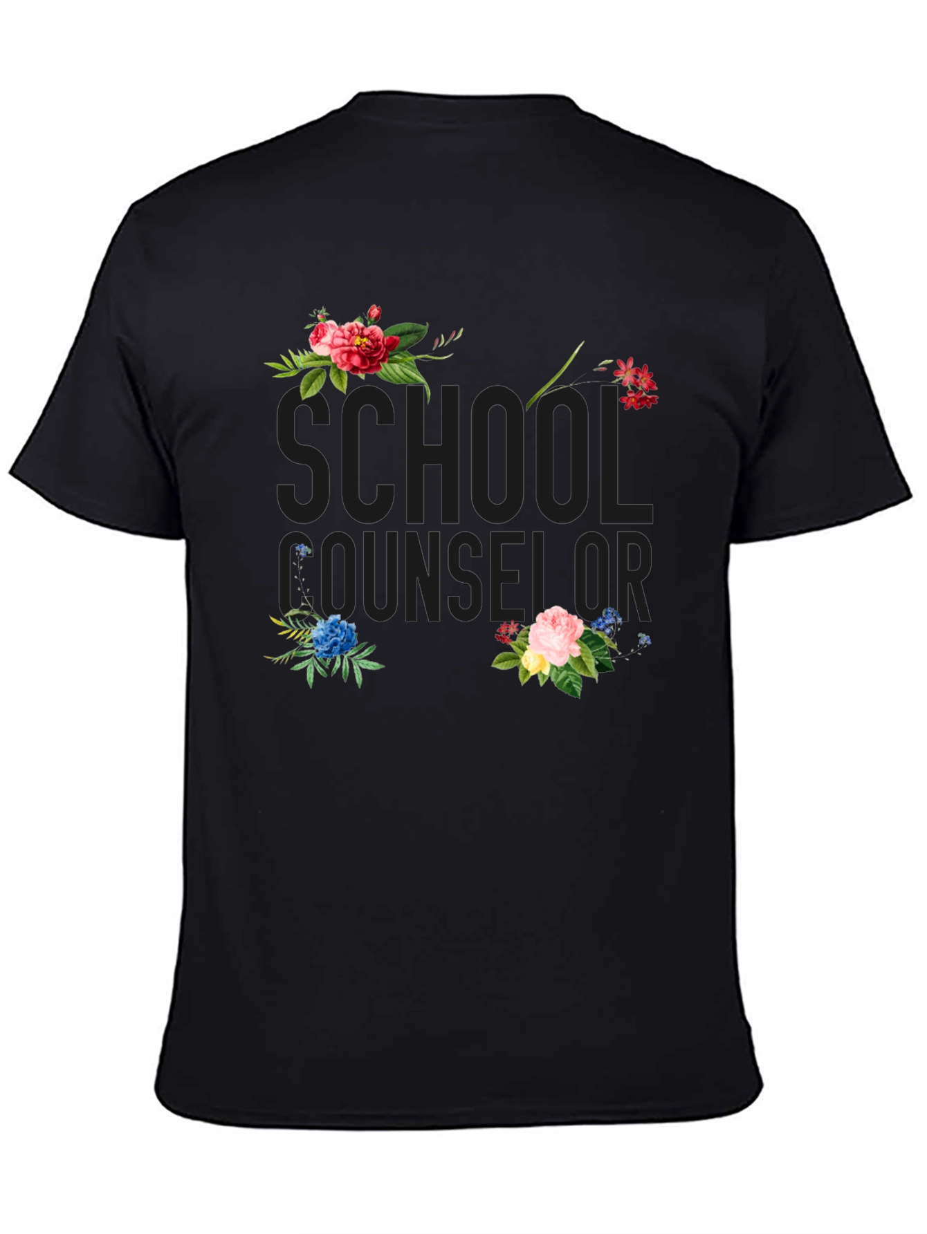 Floral School Counselor Black T-Shirt