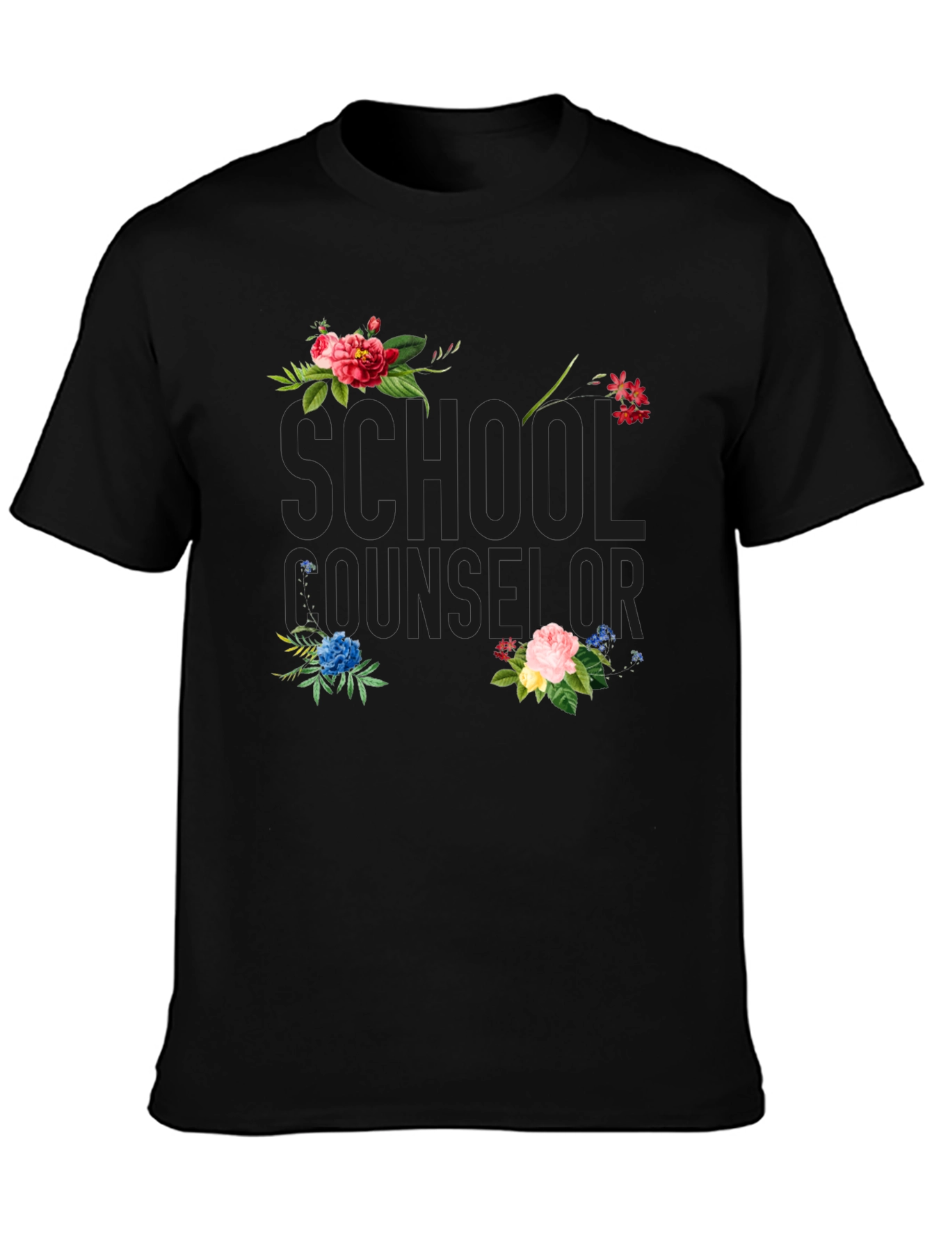 Floral School Counselor Black T-Shirt