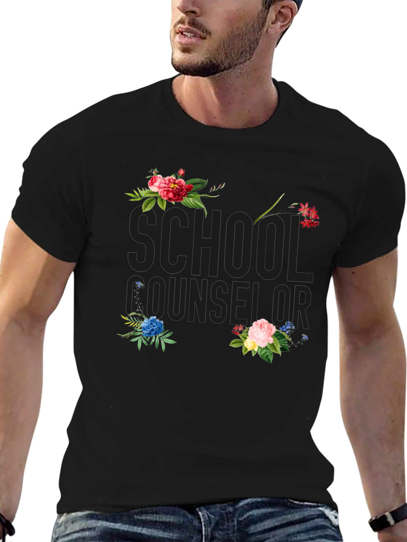 Floral School Counselor Black T-Shirt