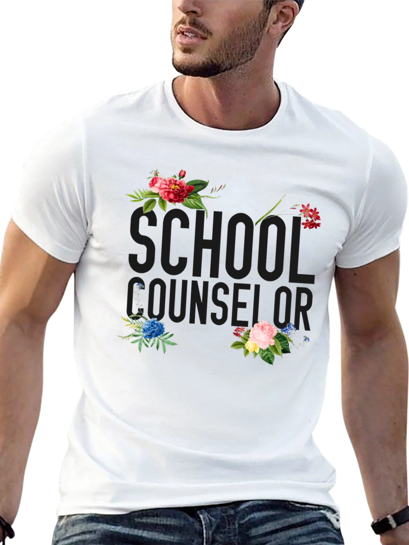 Floral School Counselor Black T-Shirt