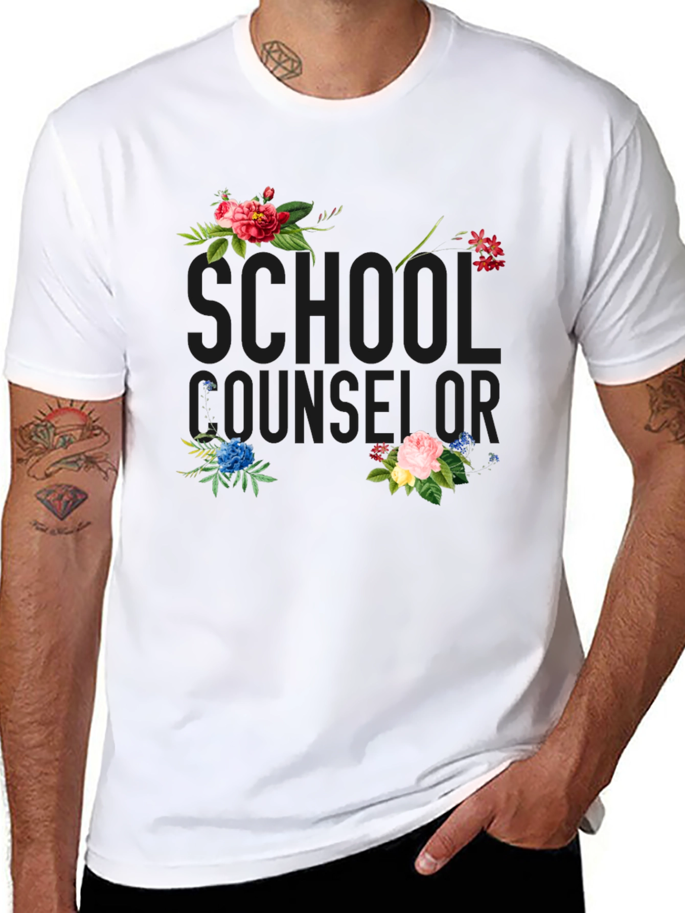 Floral School Counselor Black T-Shirt