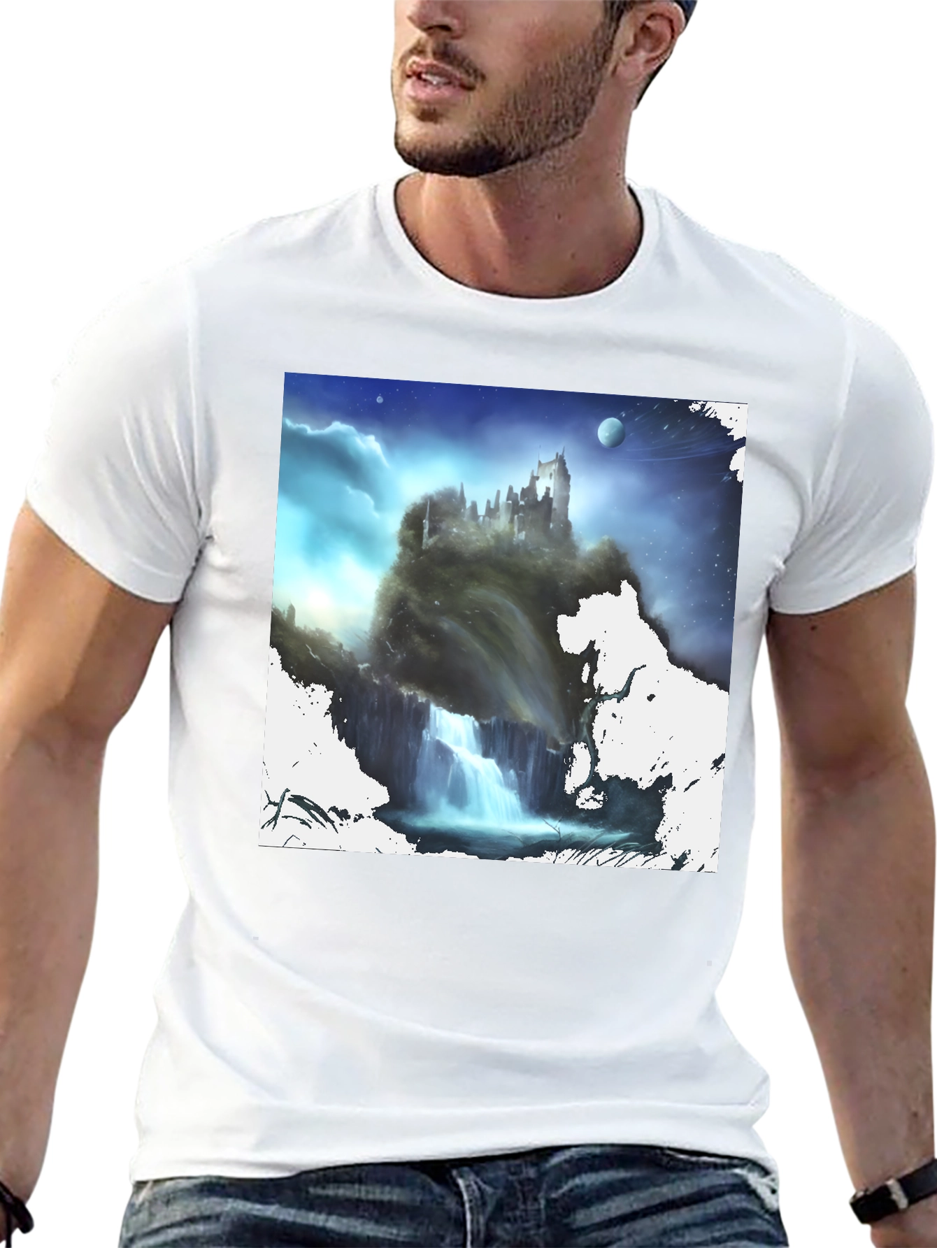 Fantasy Castle Waterfall Graphic Black T-Shirt