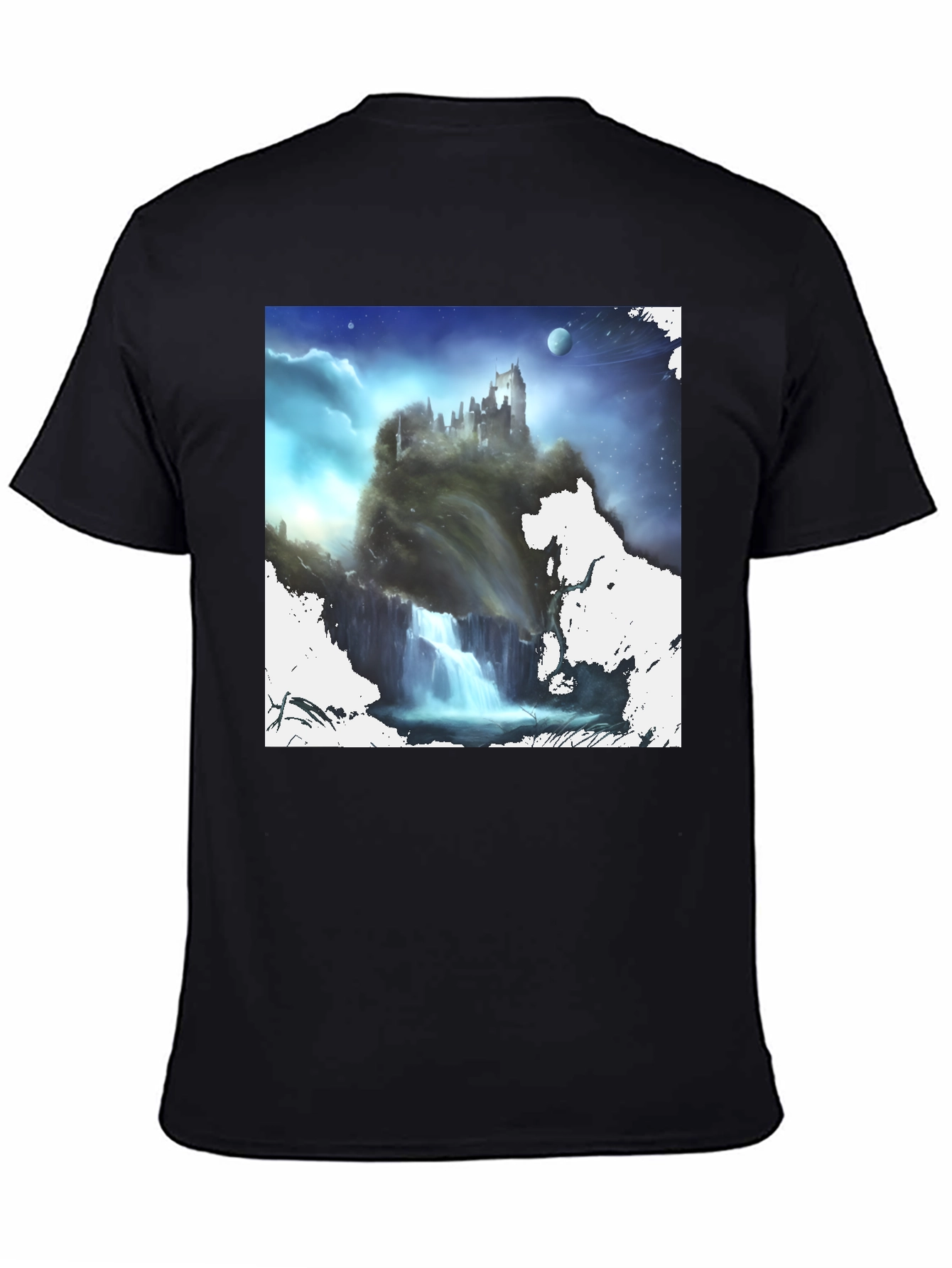 Fantasy Castle Waterfall Graphic Black T-Shirt