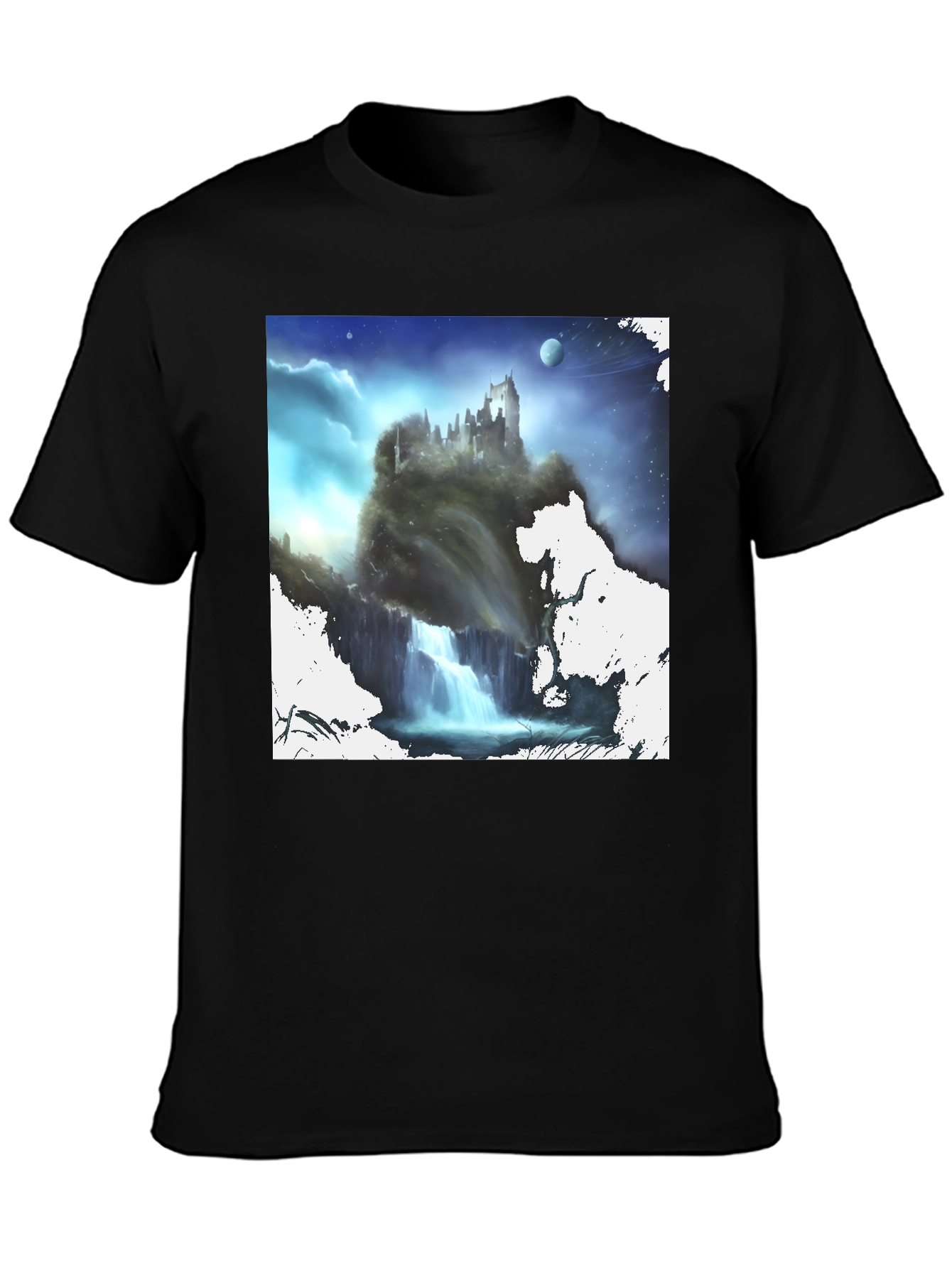 Fantasy Castle Waterfall Graphic Black T-Shirt