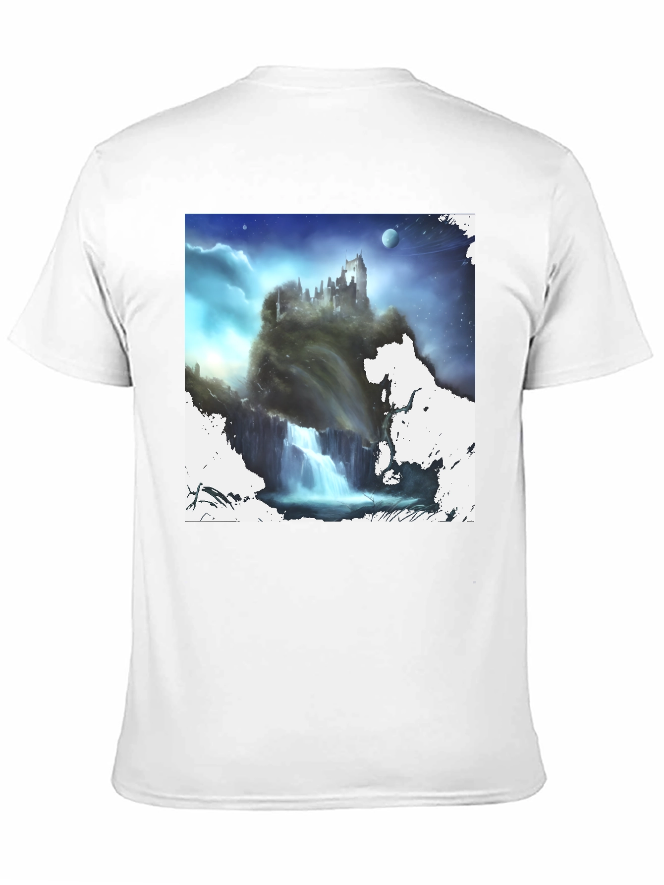 Fantasy Castle Waterfall Graphic Black T-Shirt