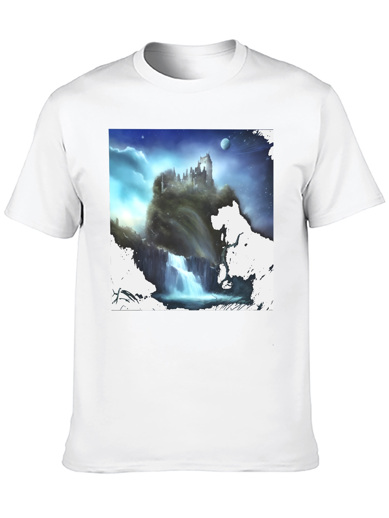 Fantasy Castle Waterfall Graphic Black T-Shirt
