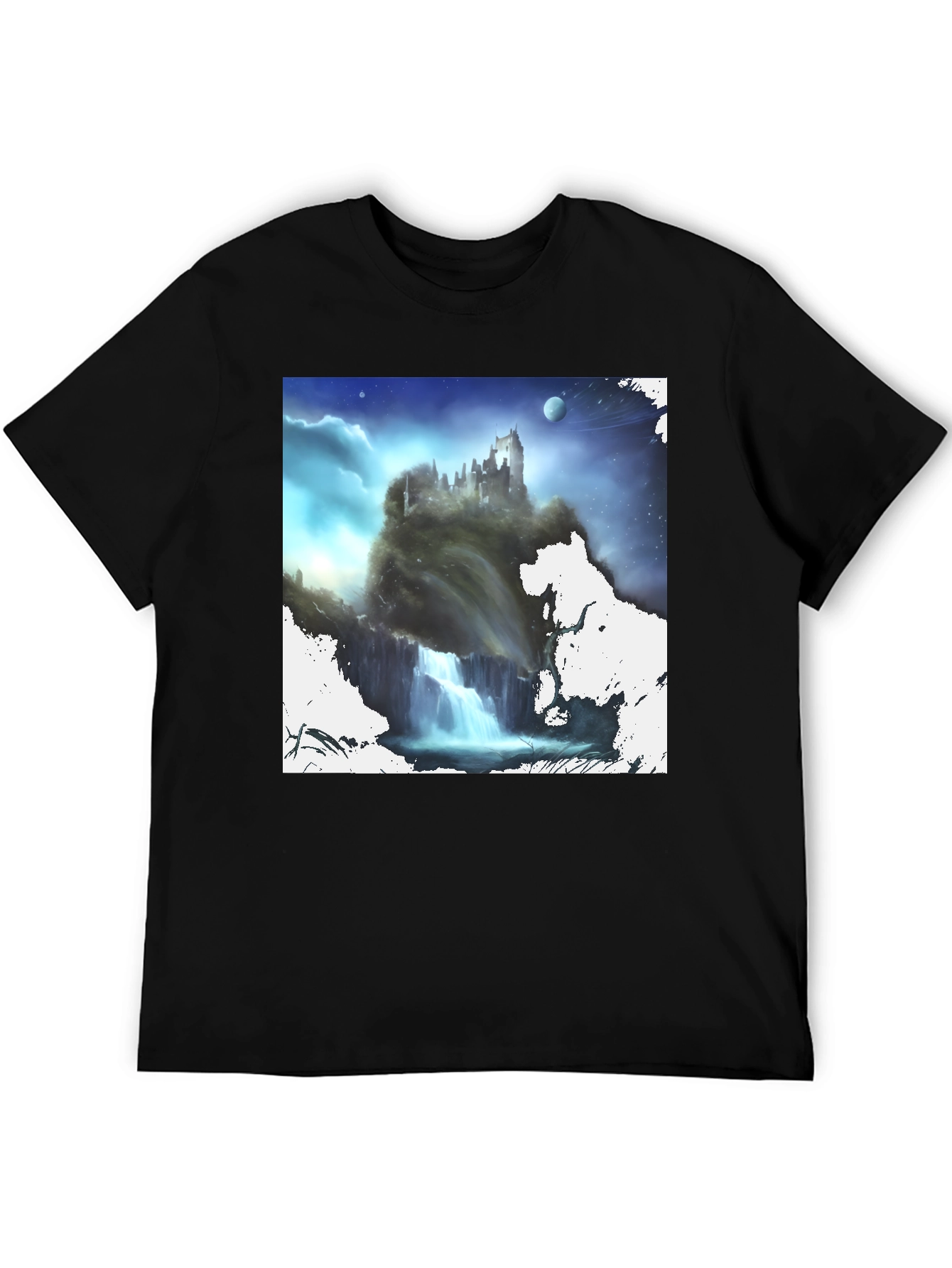 Fantasy Castle Waterfall Graphic Black T-Shirt