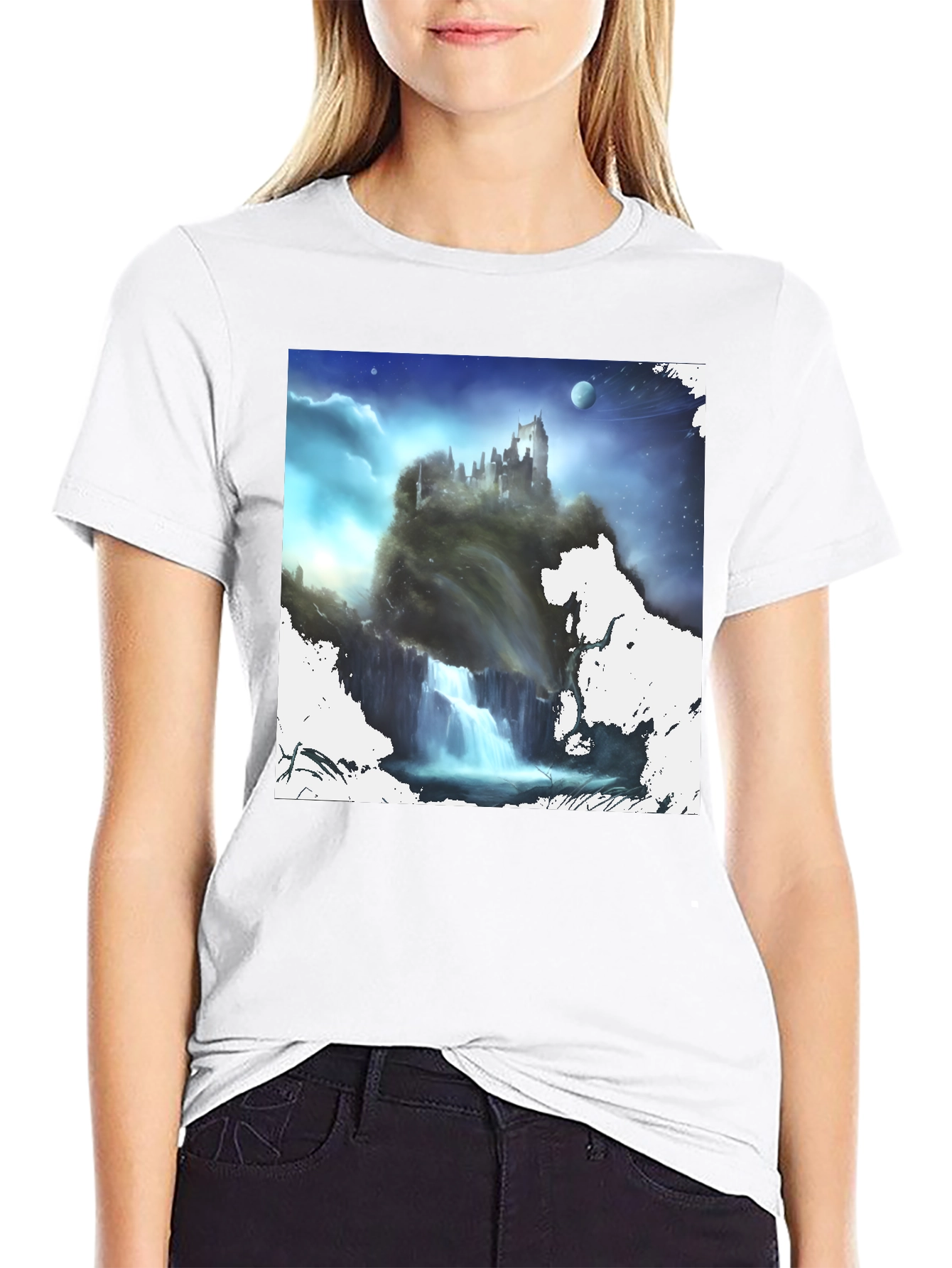 Fantasy Castle Waterfall Graphic Black T-Shirt