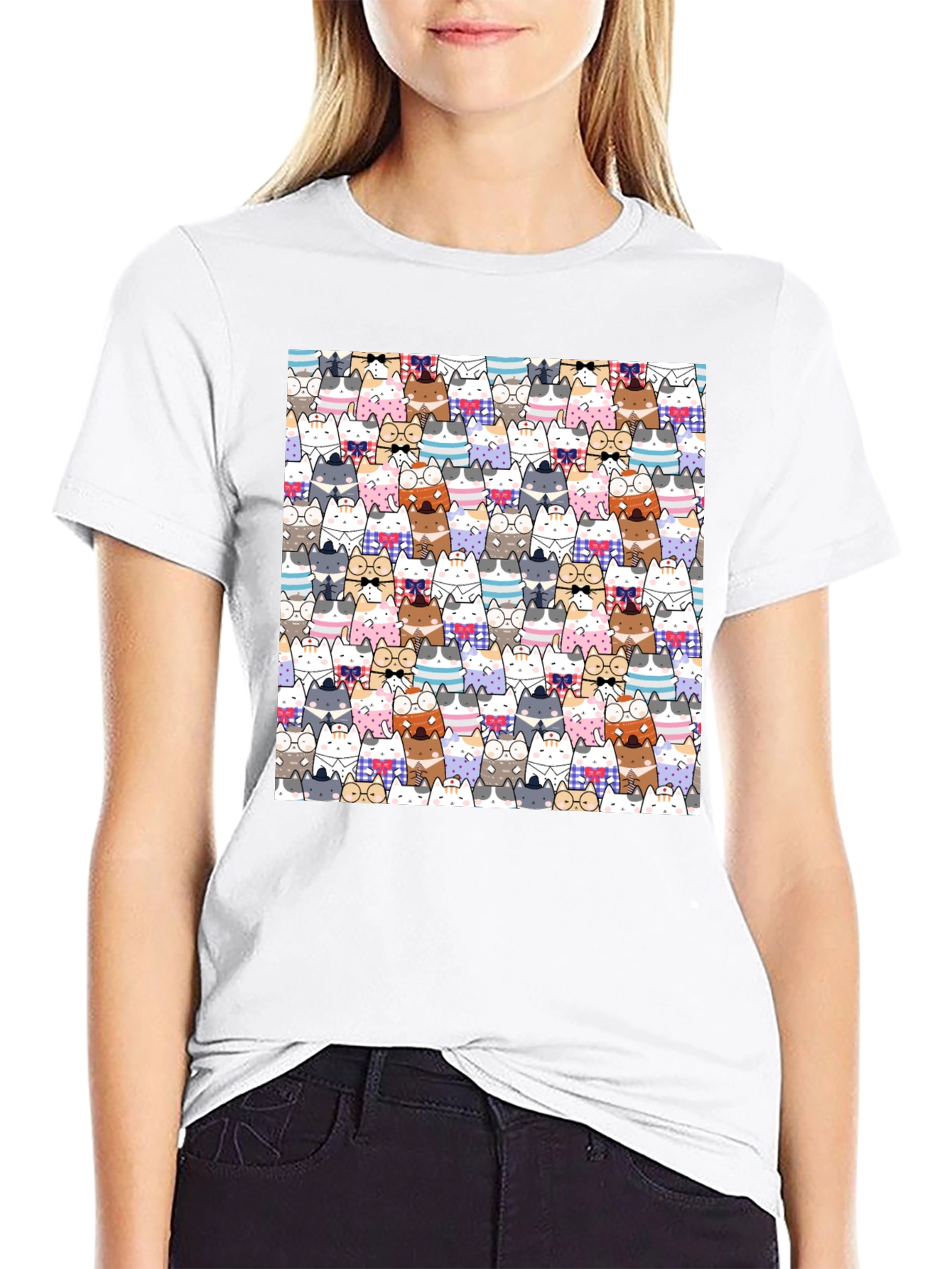 Cat Cartoon Print Black T-Shirt