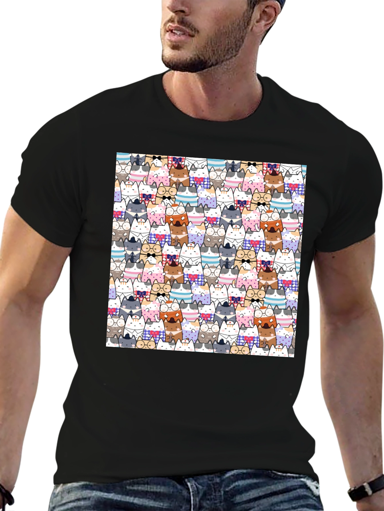 Cat Cartoon Print Black T-Shirt