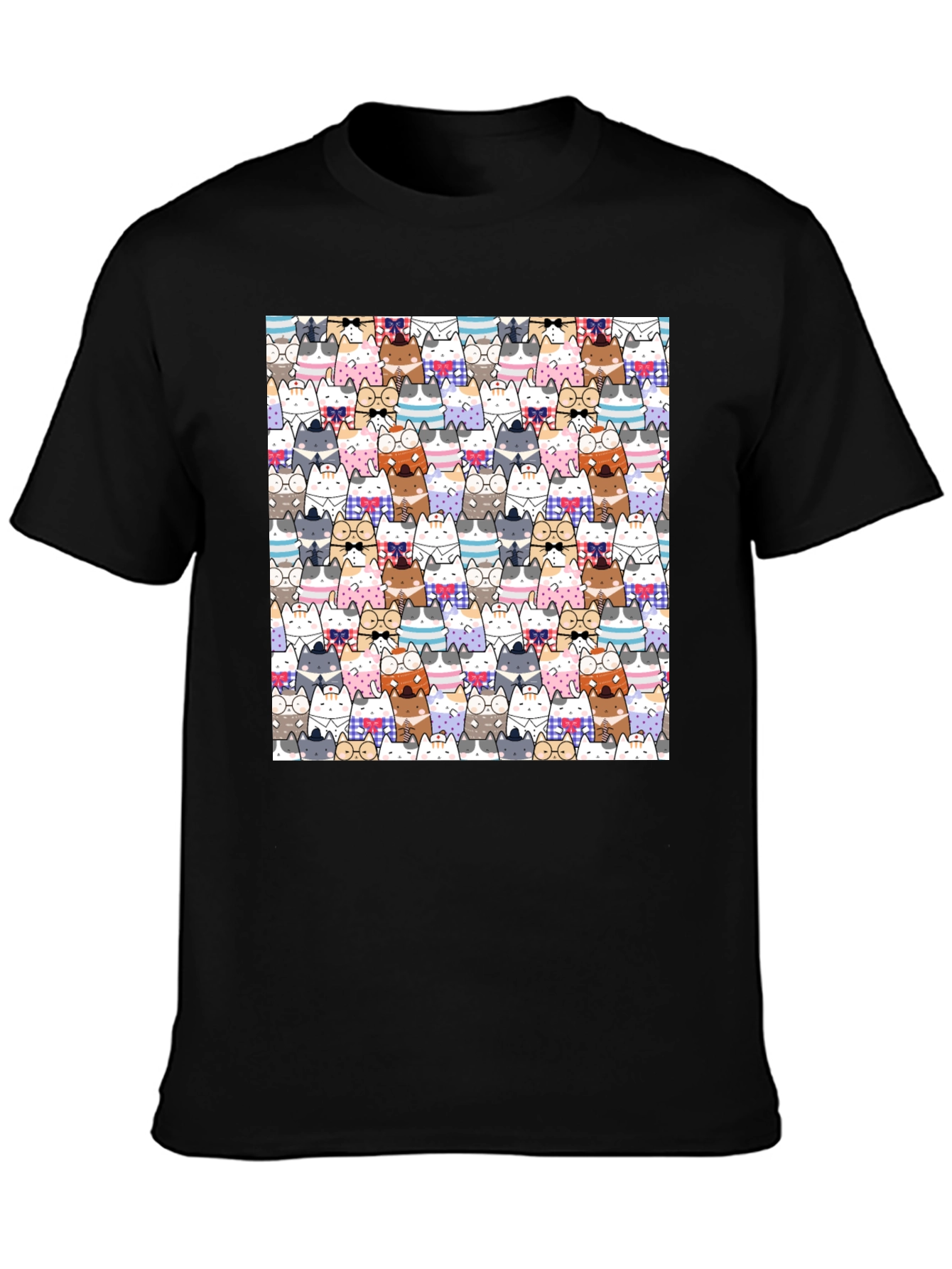Cat Cartoon Print Black T-Shirt