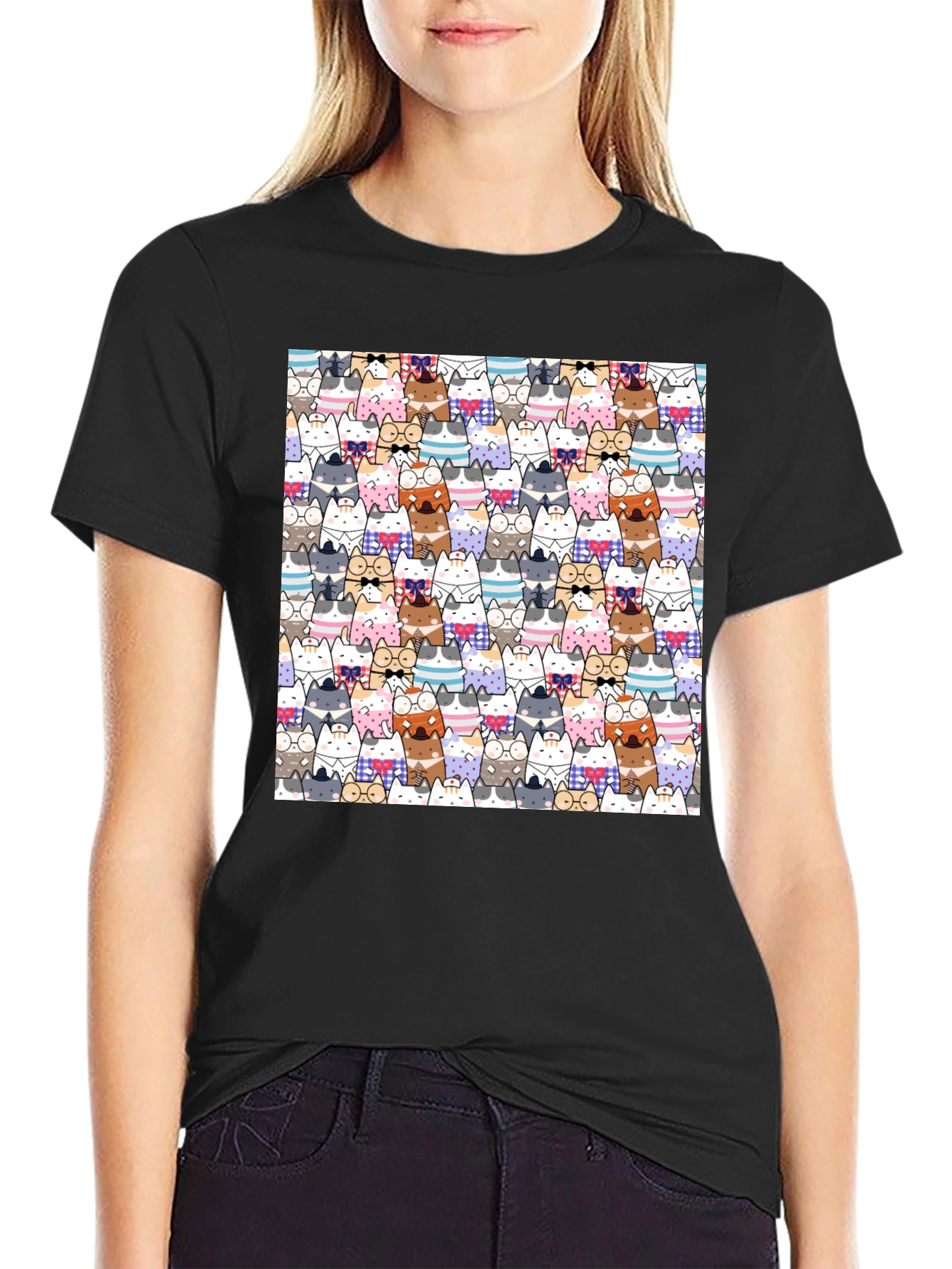 Cat Cartoon Print Black T-Shirt