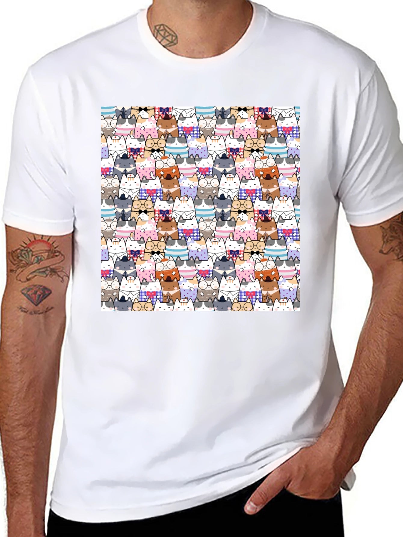 Cat Cartoon Print Black T-Shirt