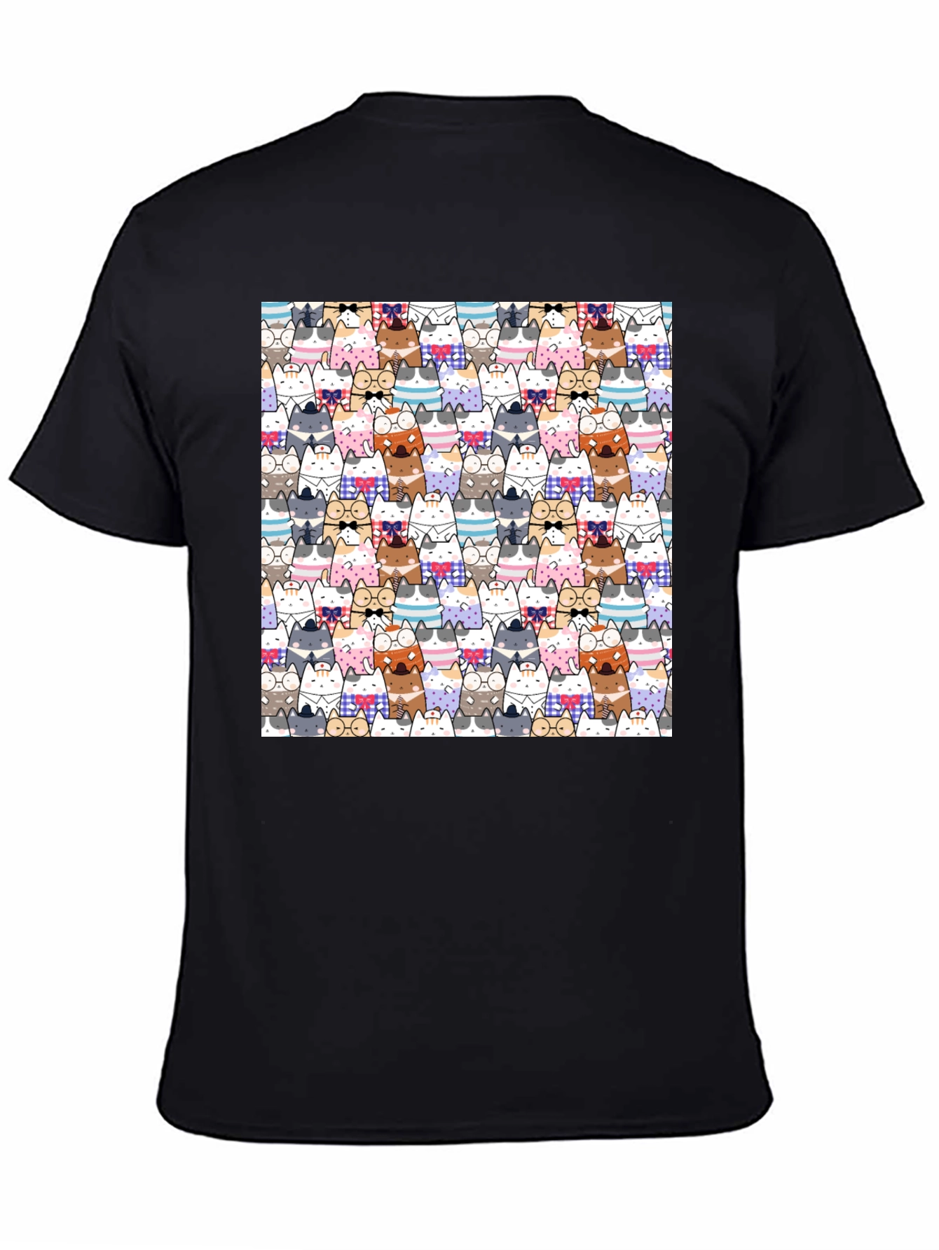 Cat Cartoon Print Black T-Shirt