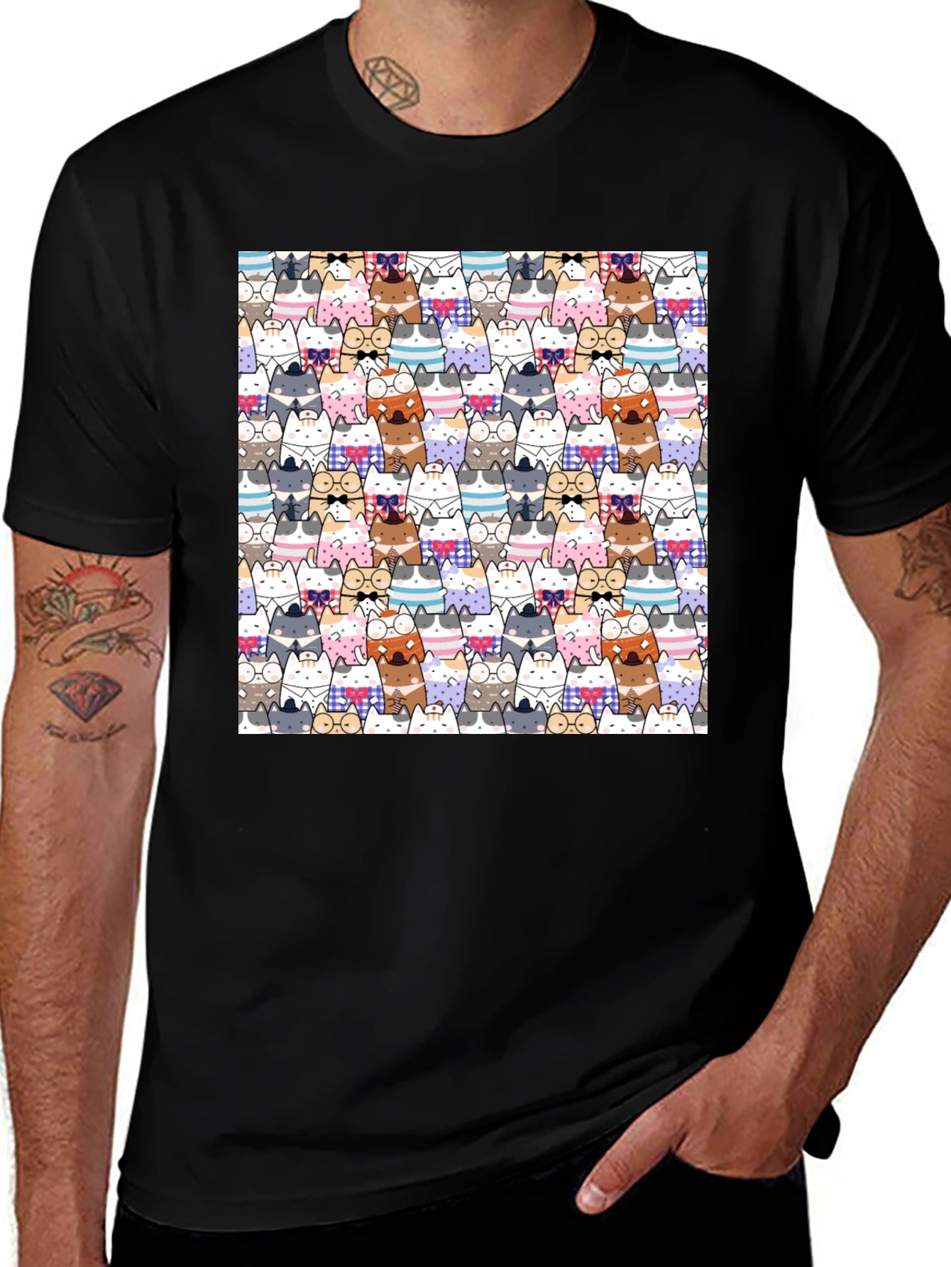 Cat Cartoon Print Black T-Shirt
