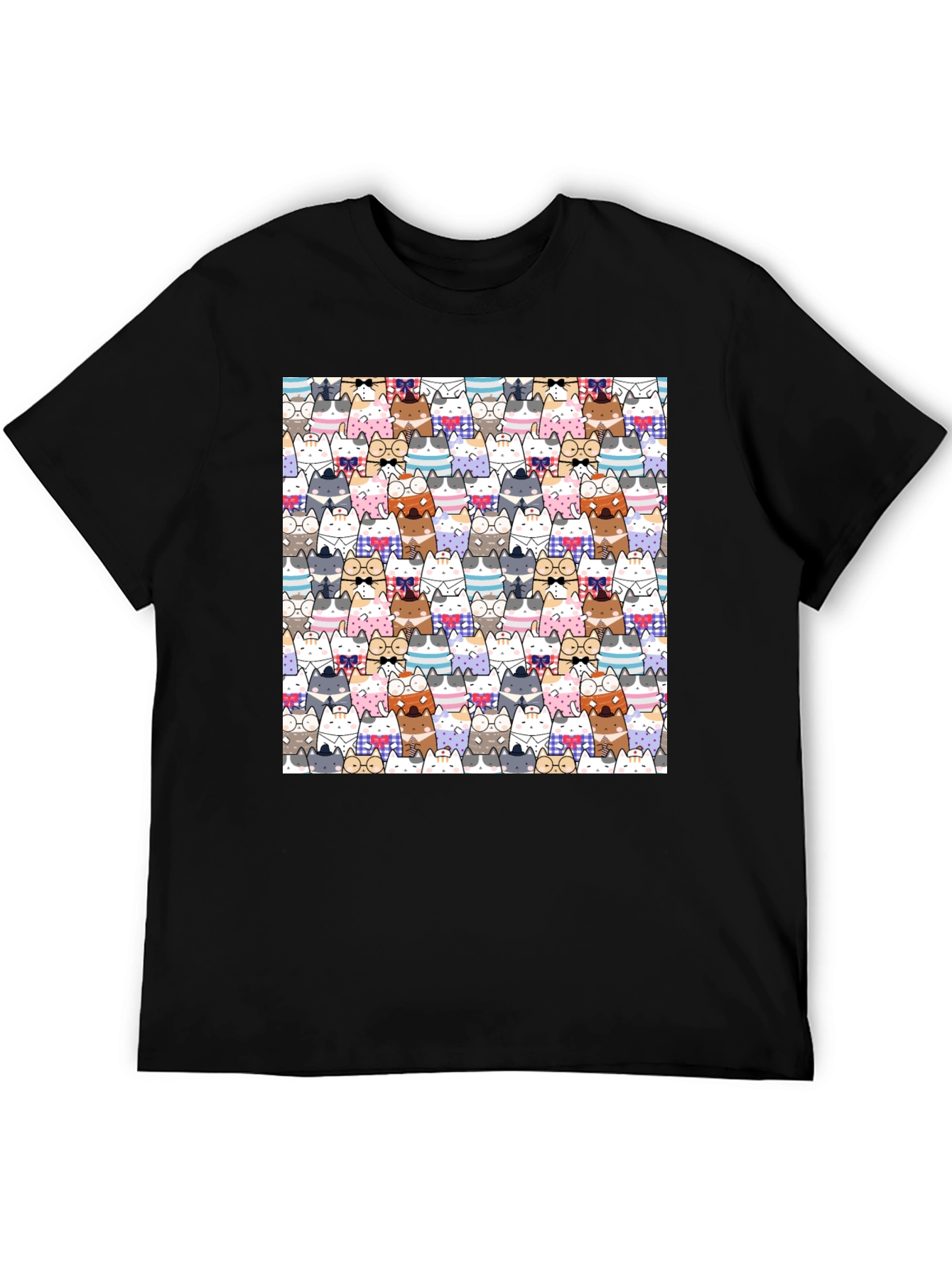 Cat Cartoon Print Black T-Shirt