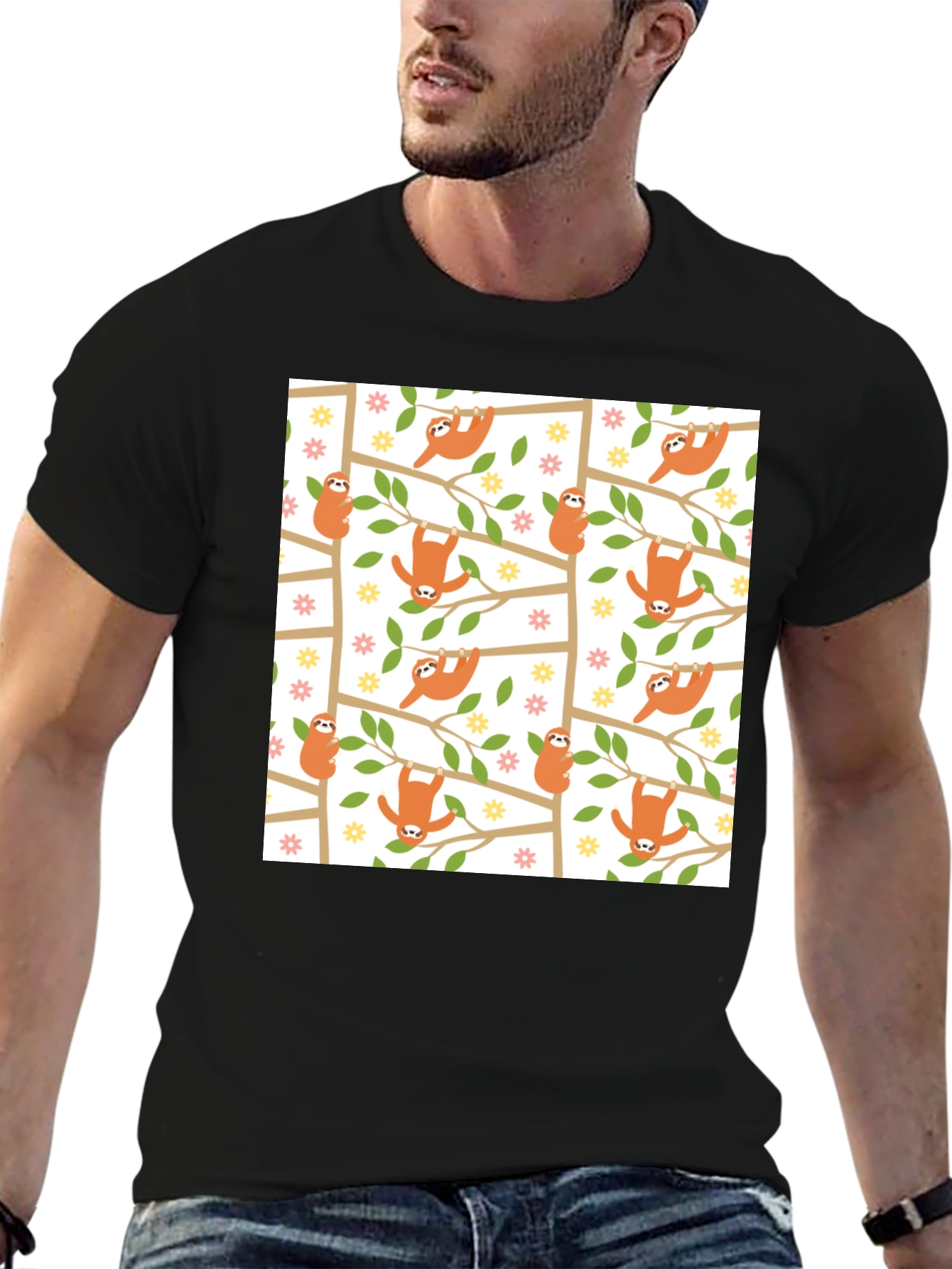 Cute Sloth Print Black T-Shirt
