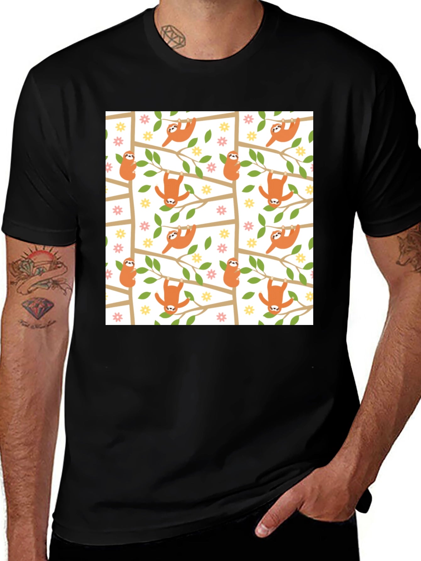 Cute Sloth Print Black T-Shirt