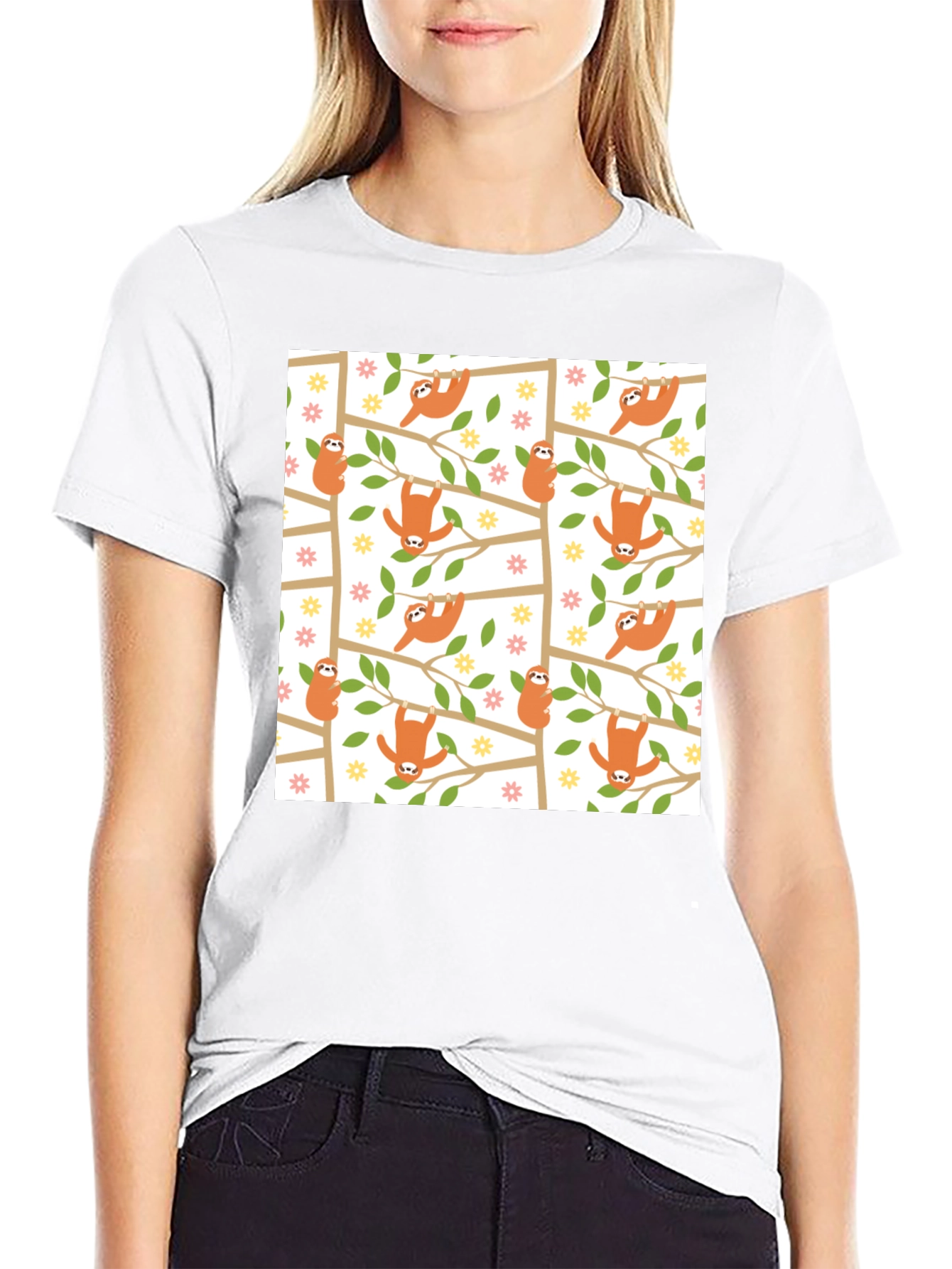 Cute Sloth Print Black T-Shirt