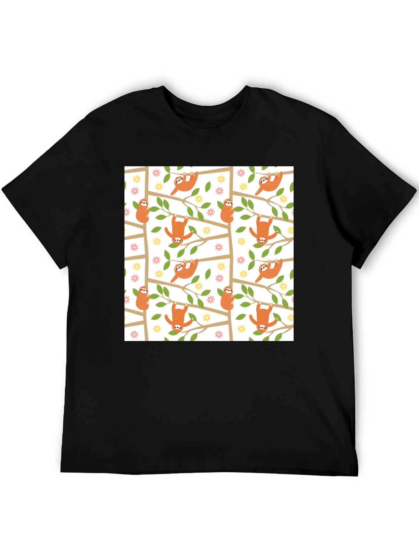 Cute Sloth Print Black T-Shirt