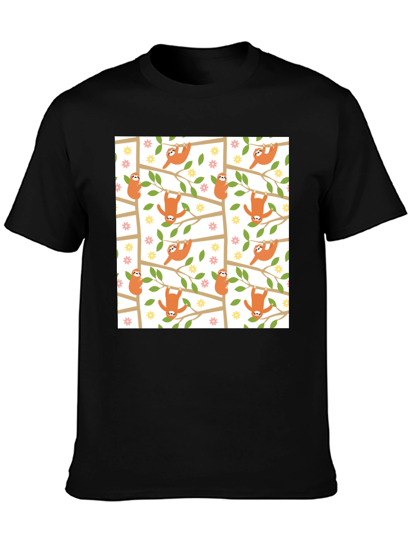 Cute Sloth Print Black T-Shirt