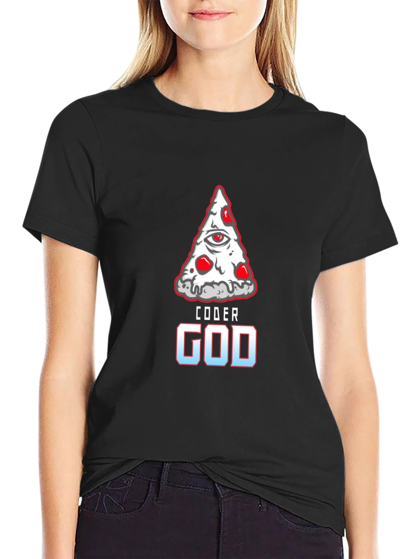 Coder God Pizza Slice Graphic Tee - Black