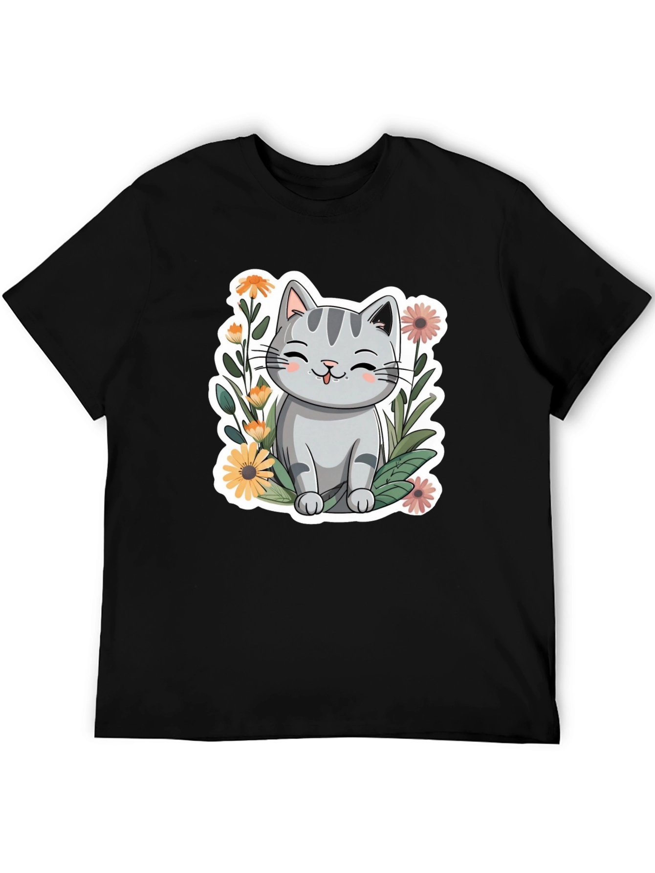 Cute Cat in Flowers Black T-Shirt