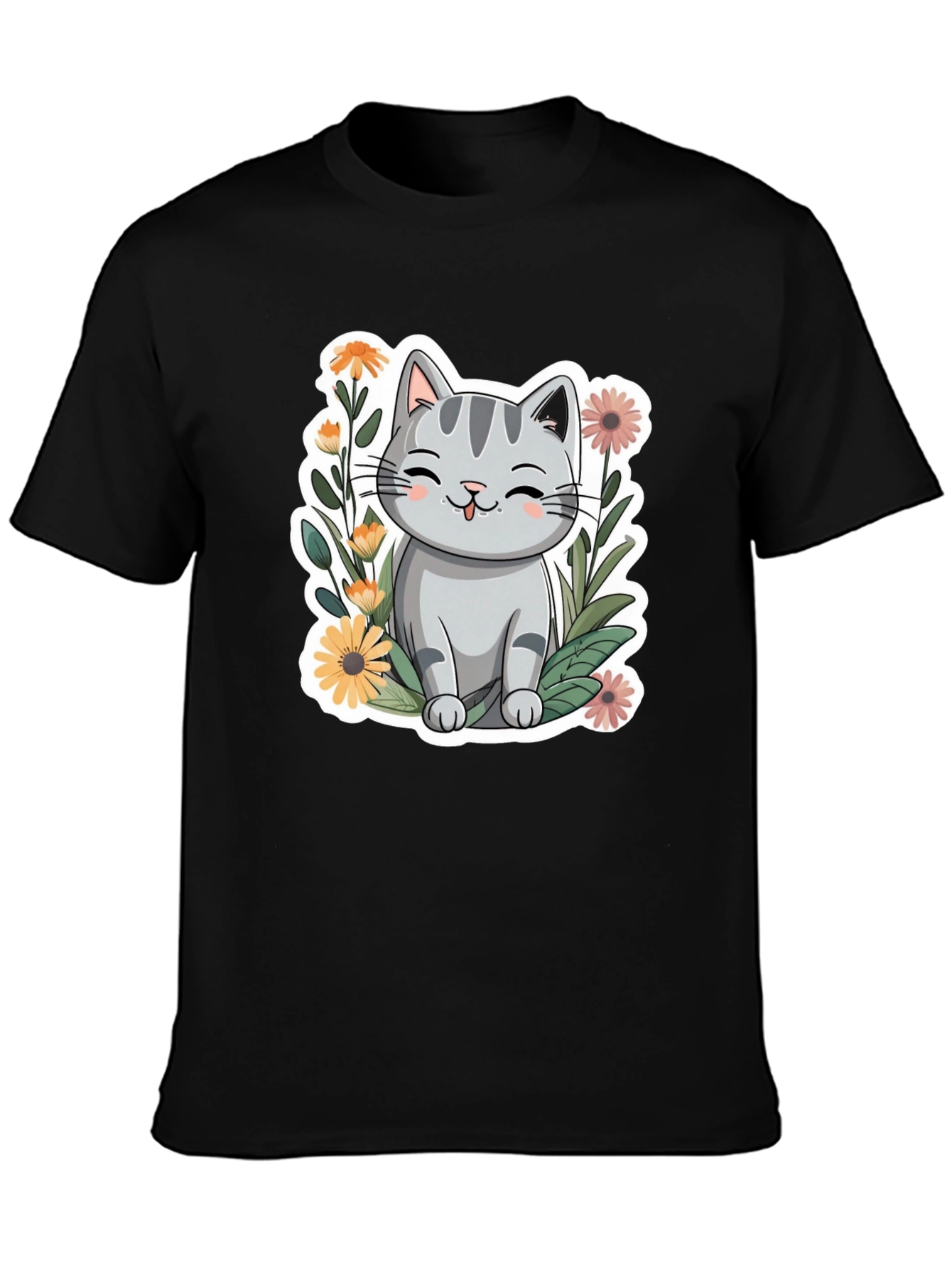 Cute Cat in Flowers Black T-Shirt