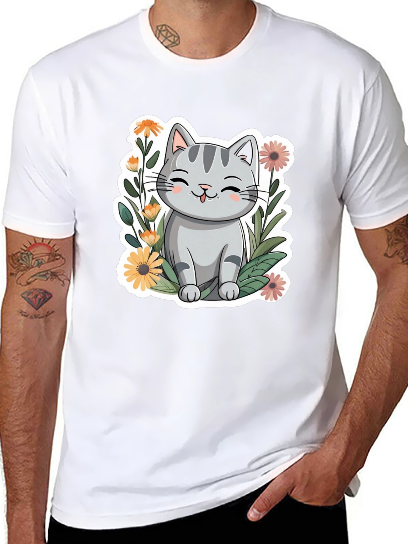 Cute Cat in Flowers Black T-Shirt