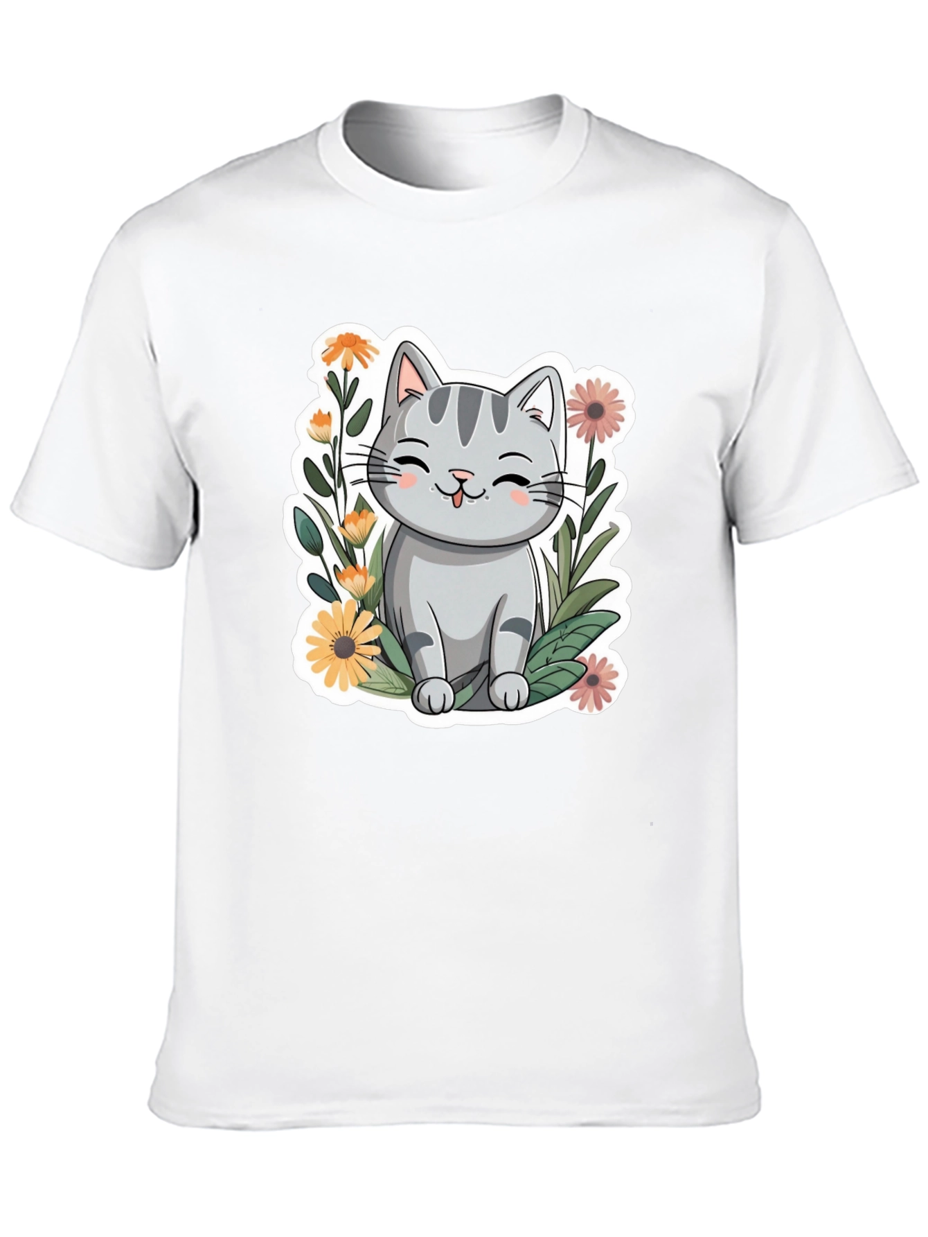 Cute Cat in Flowers Black T-Shirt