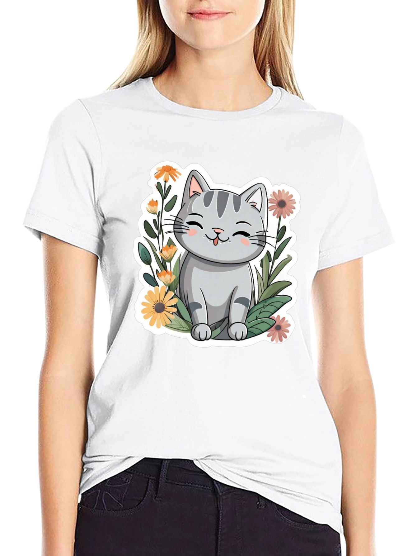 Cute Cat in Flowers Black T-Shirt