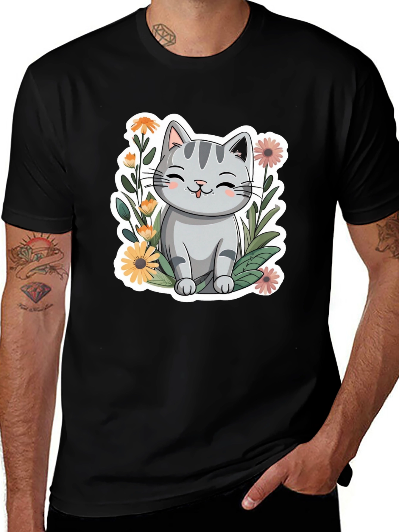 Cute Cat in Flowers Black T-Shirt
