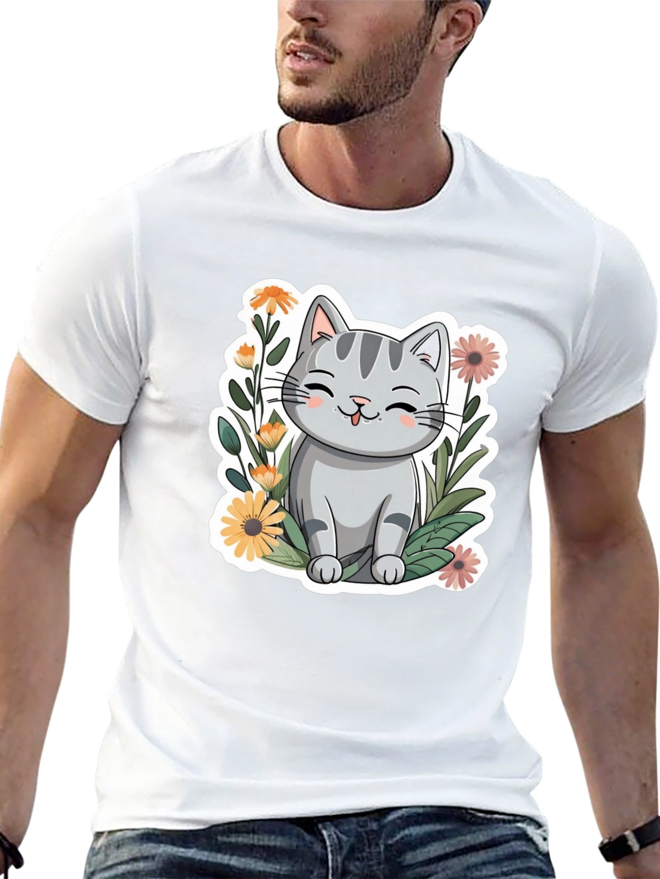 Cute Cat in Flowers Black T-Shirt
