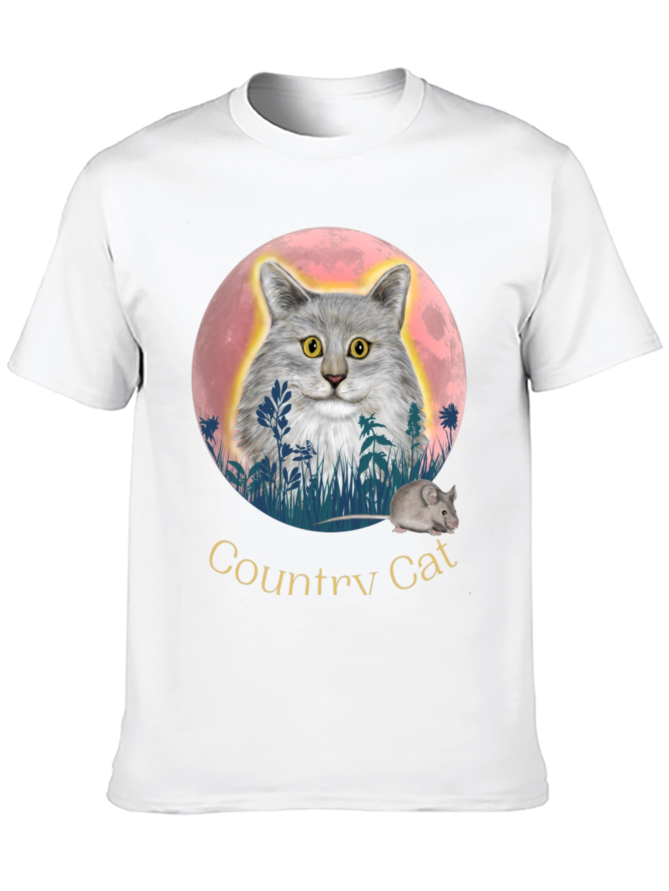 Country Cat T-Shirt: Whimsical Cat & Mouse Design
