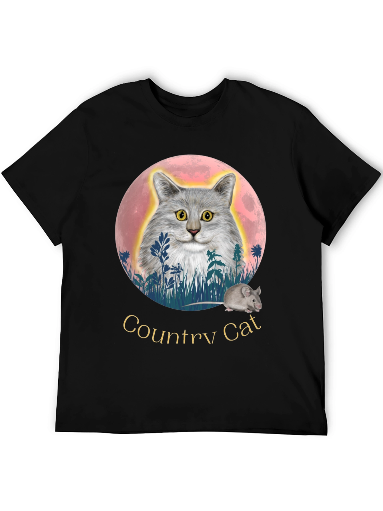Country Cat T-Shirt: Whimsical Cat & Mouse Design