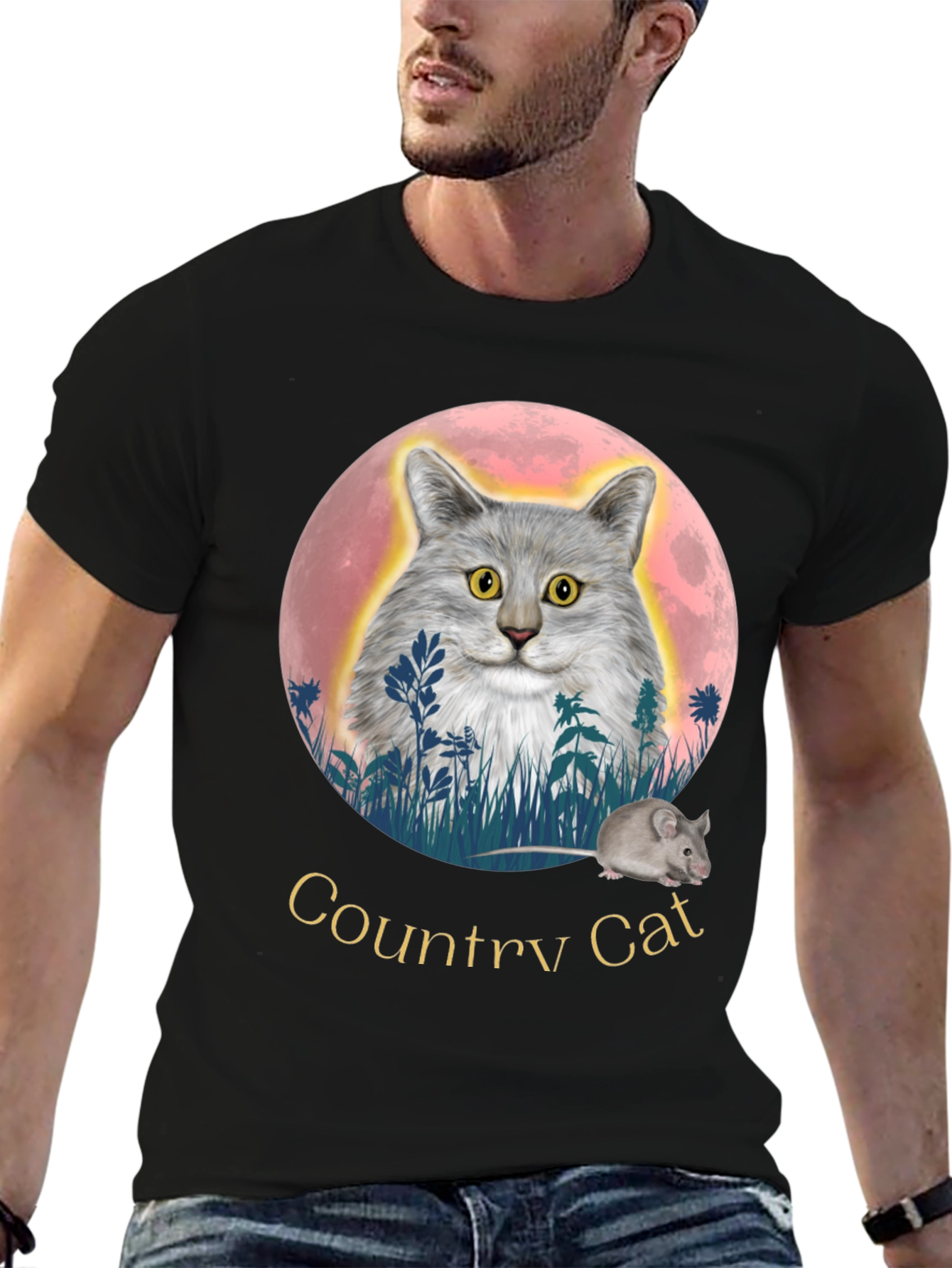 Country Cat T-Shirt: Whimsical Cat & Mouse Design