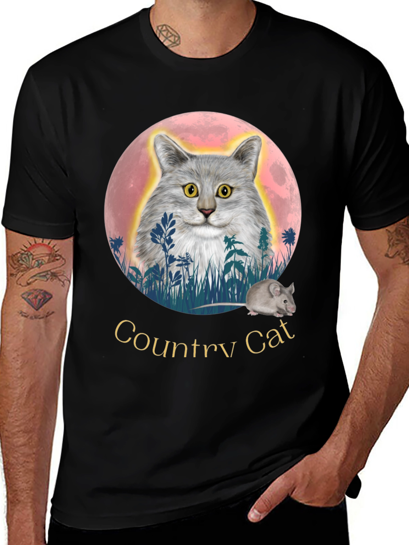 Country Cat T-Shirt: Whimsical Cat & Mouse Design