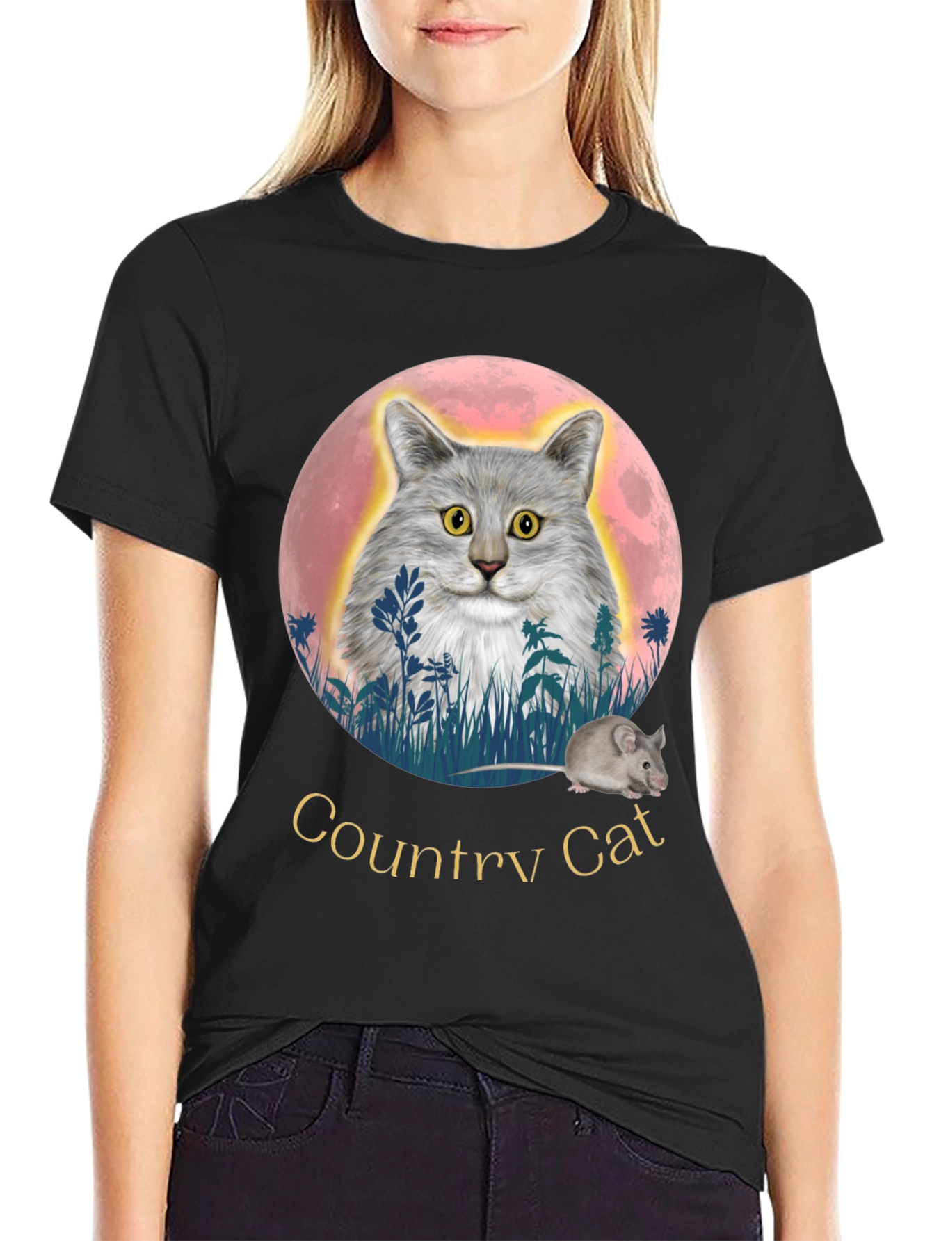 Country Cat T-Shirt: Whimsical Cat & Mouse Design